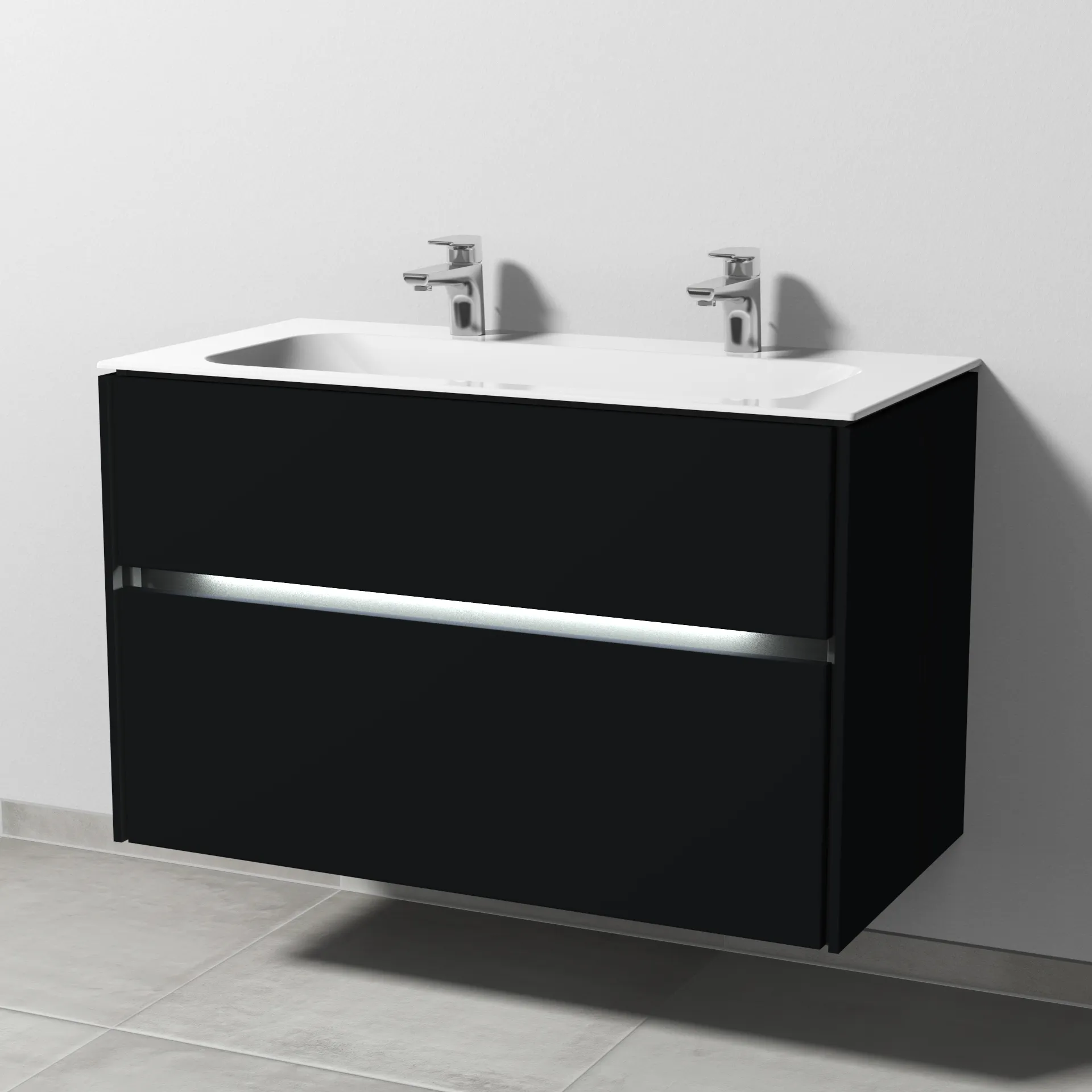 Keramik-Waschtisch-Set mit Waschtischunterschrank „Twiga“ 99 × 50 × 61 cm in Schwarz (matt), mit Beleuchtung, mit Hahnlochbohrung Keramik-Waschtisch-Set mit Waschtischunterschrank „Twiga“ 99 × 50 × 61 cm in Schwarz (matt), mit Beleuchtung, mit Hahnlochbohrung