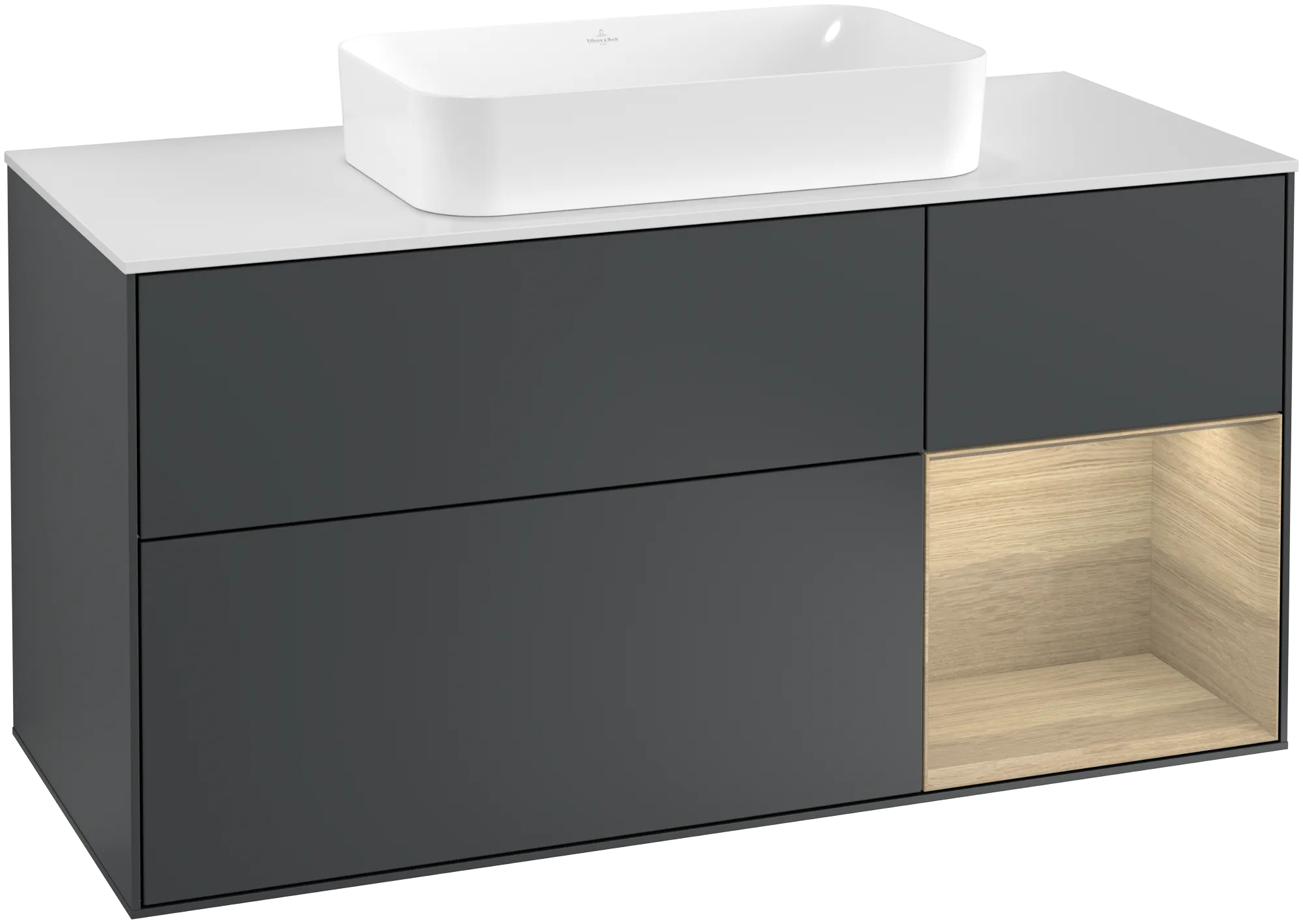 Villeroy & Boch Finion Waschbeckenunterschrank F30, 1200x603x501mm, Midnight Blue Matt Lacquer / Oak Veneer / Glass White Matt