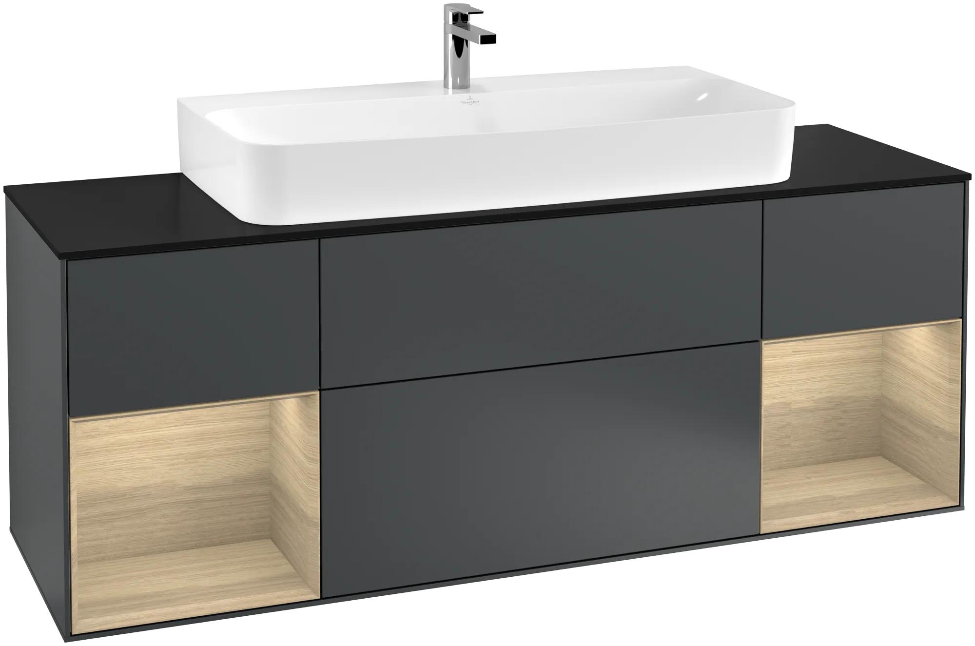Villeroy & Boch Finion Waschbeckenunterschrank G21, 1600x603x501mm, Midnight Blue Matt Lacquer / Oak Veneer / Glass Black Matt