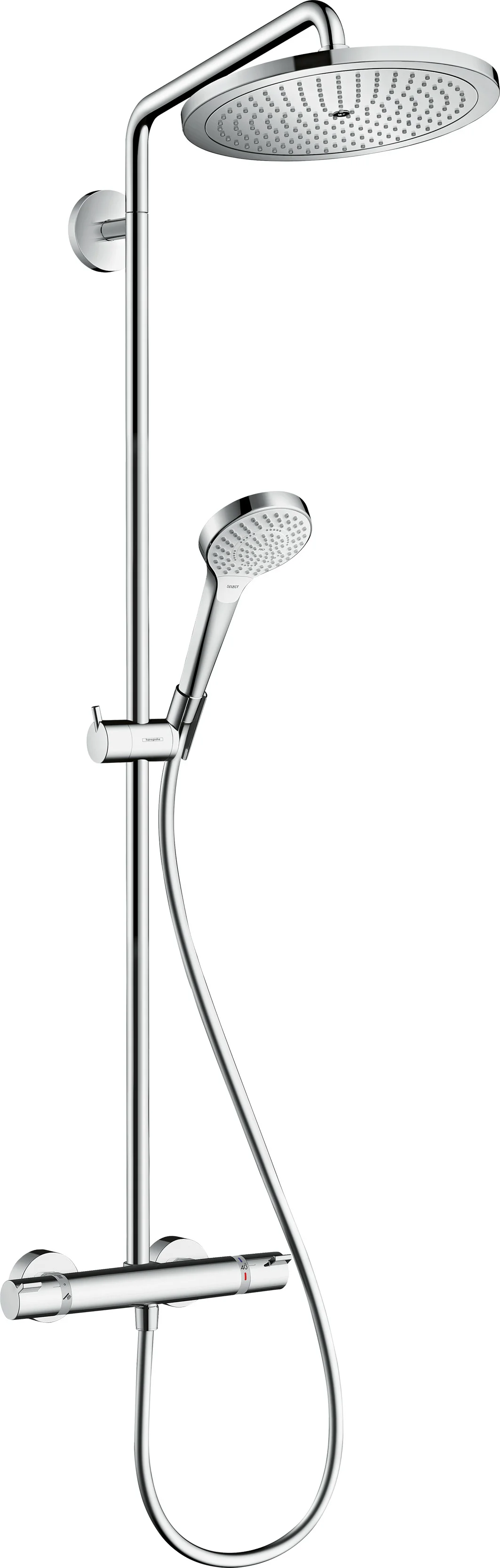 Hansgrohe Croma Select S Showerpipe 280 chrom, 1-Jet mit Thermostat, RainAir Strahl, 400 mm Brausearmlänge, höhenverstellbare Handbrausehalterung