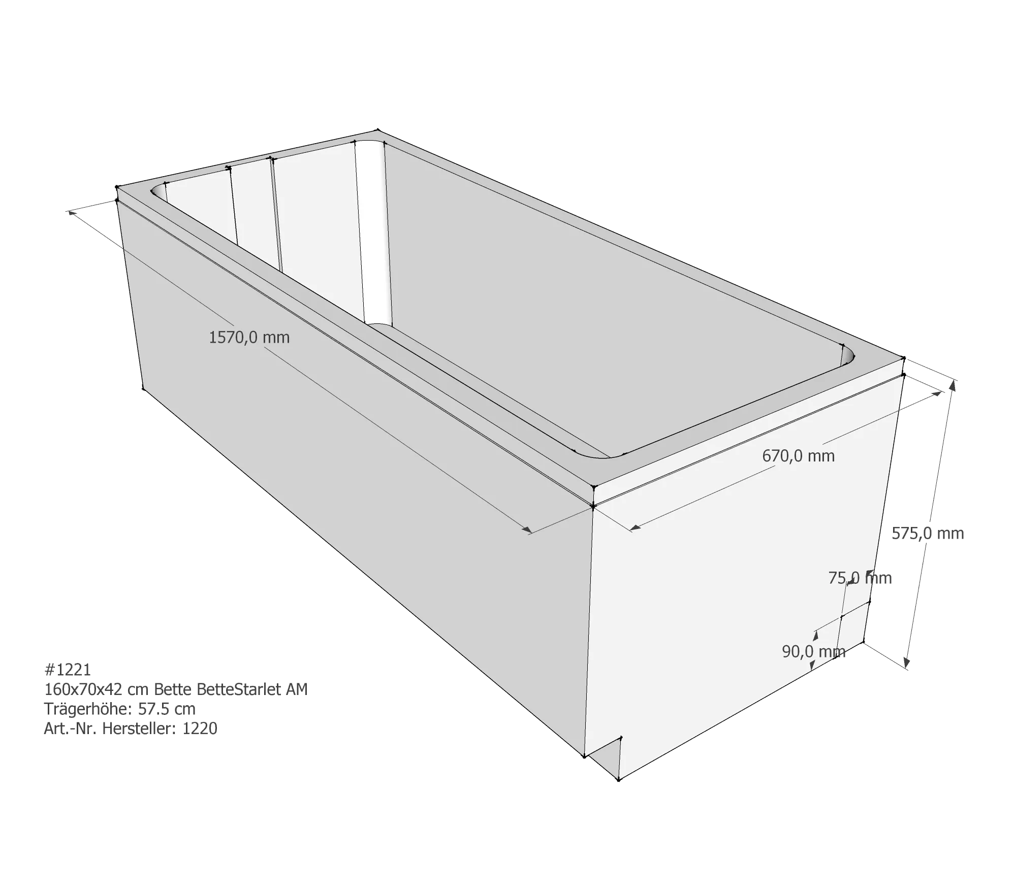 Badewannenträger passend für Bette BetteStarlet 160 × 70 × 42 cm Breite: 70 cm / Länge: 160 cm