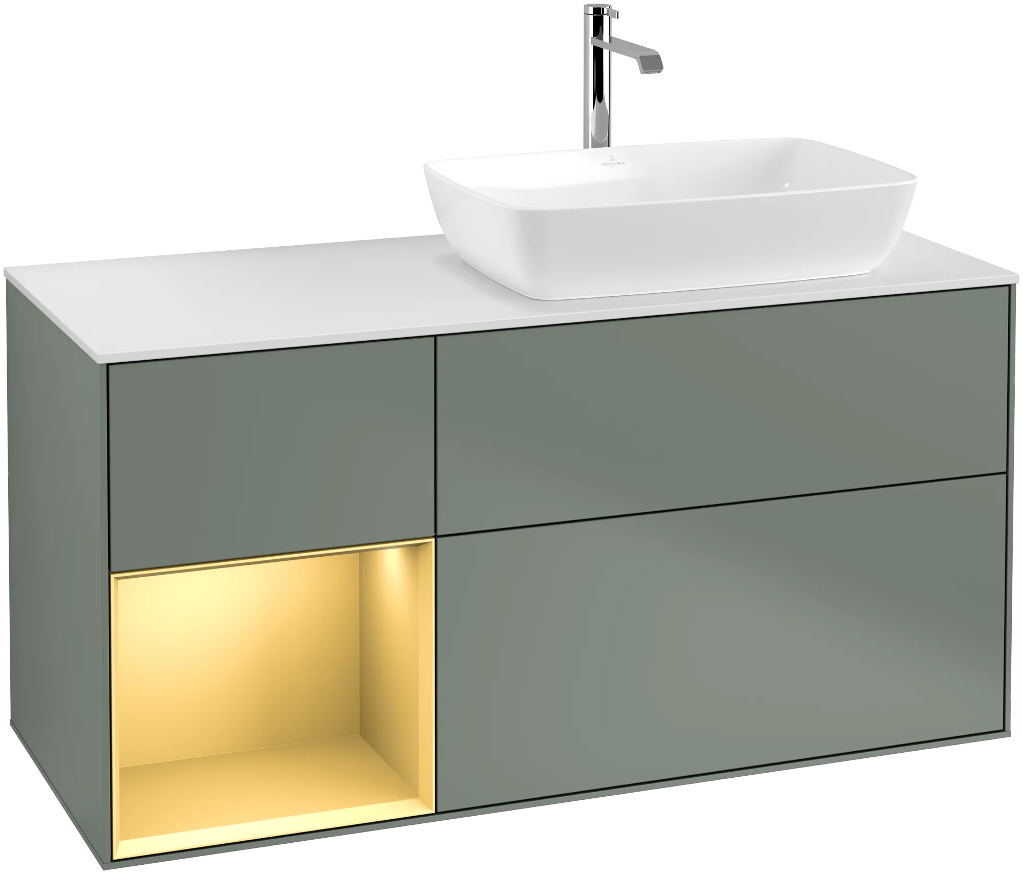 Villeroy & Boch Waschbeckenunterschrank Finion G80, 1200x603x501mm, Olive Matt Lacquer / Gold Matt Lacquer / Glass White Matt
