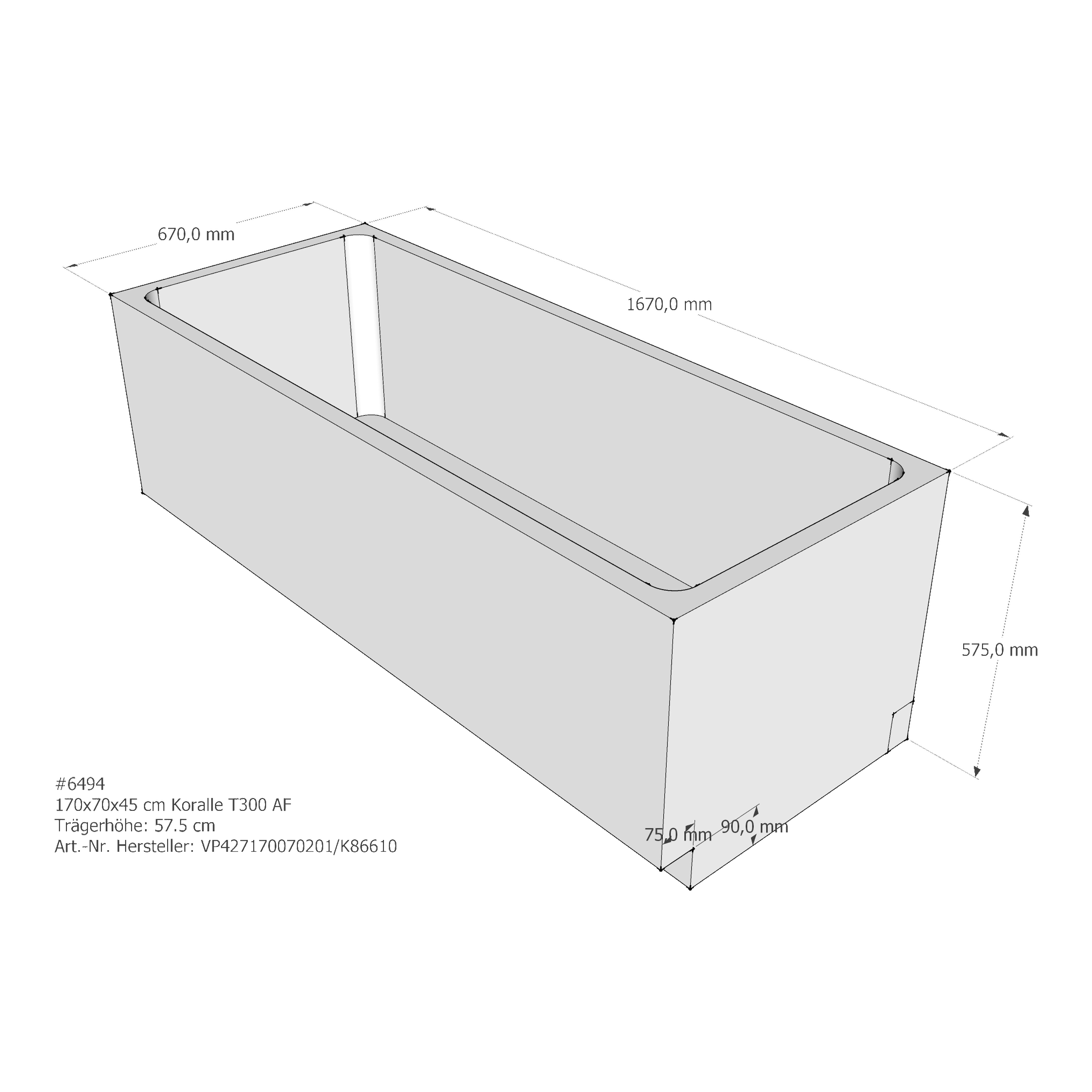 Badewannenträger für Koralle T300 BW 170/70 170 × 70 × 45 cm