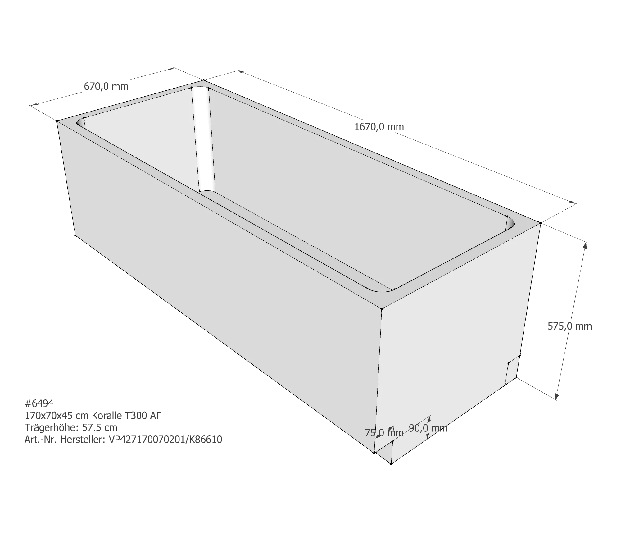 Badewannenträger für Koralle T300 BW 170/70 170 × 70 × 45 cm