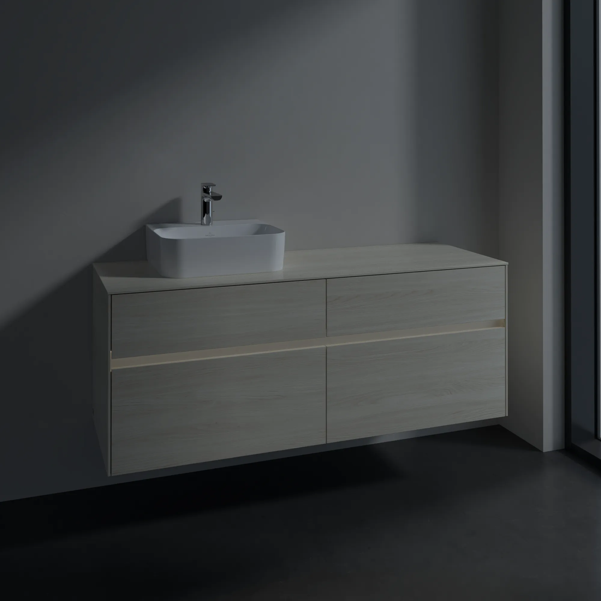 Villeroy & Boch Waschtischunterschrank „Collaro“ 1400 × 548 × 500 mm White Oak, mit Beleuchtung, für Becken links Villeroy & Boch Waschtischunterschrank „Collaro“ 1400 × 548 × 500 mm White Oak, mit Beleuchtung, für Becken links