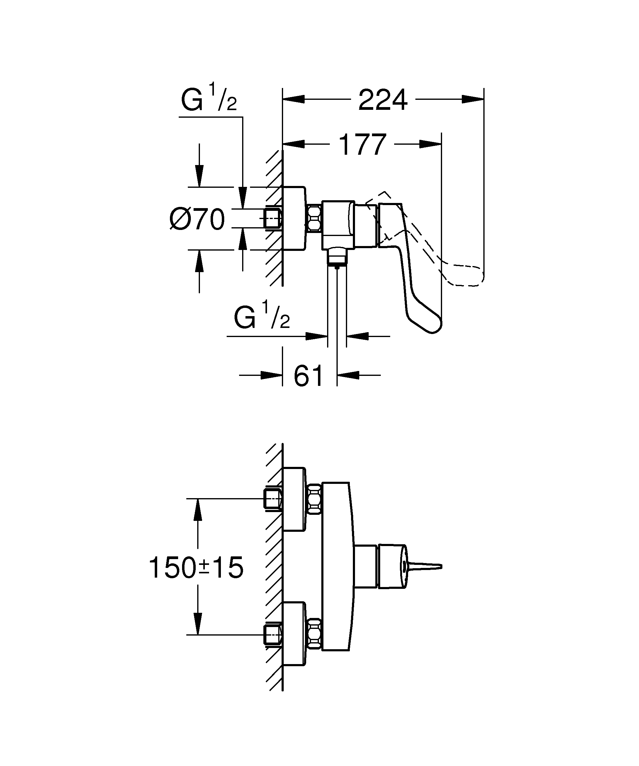 Einhand-Brausebatterie Eurosmart, 25244_3, Wandmontage, langer Metallhebel, Temperaturbegrenzer, S-Anschlüsse, eigensicher, chrom