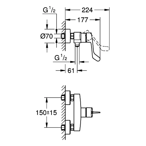 Grohe Eurosmart Professional (2021) Einhand-Brausebatterie, Wandmontage, langer Hebel, 120 mm, chrom Grohe Eurosmart Professional (2021) Einhand-Brausebatterie, Wandmontage, langer Hebel, 120 mm, chrom