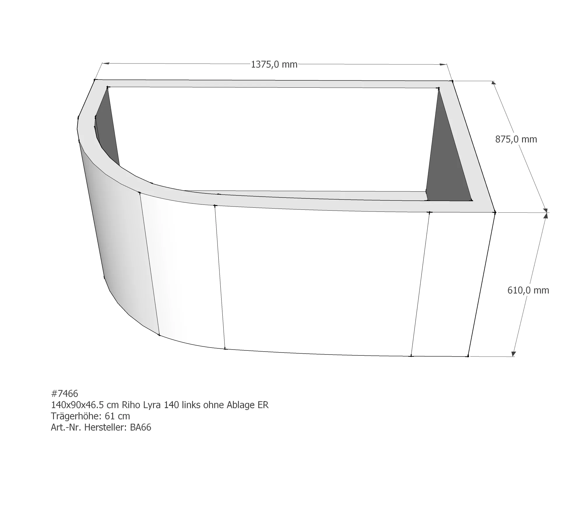 Badewannenträger passend für Riho Lyra links 140 × 90 × 46,5 cm Badewannenträger passend für Riho Lyra links 140 × 90 × 46,5 cm