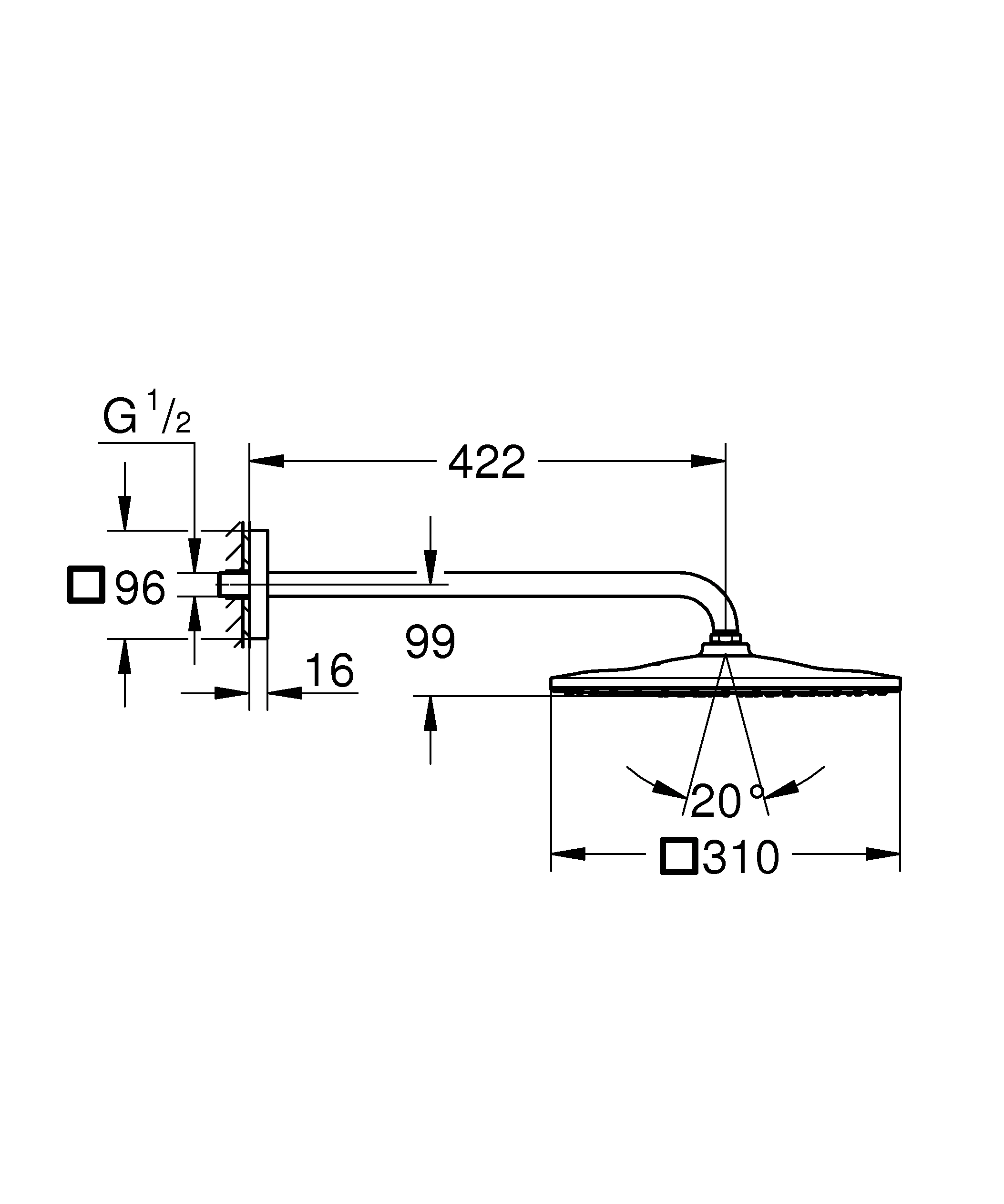 Kopfbrauseset Rainshower Mono 310 Cube 26564, Brausearm 422 mm, 1 Strahlart, 9,5 l/min Durchflusskonstanthalter, chrom