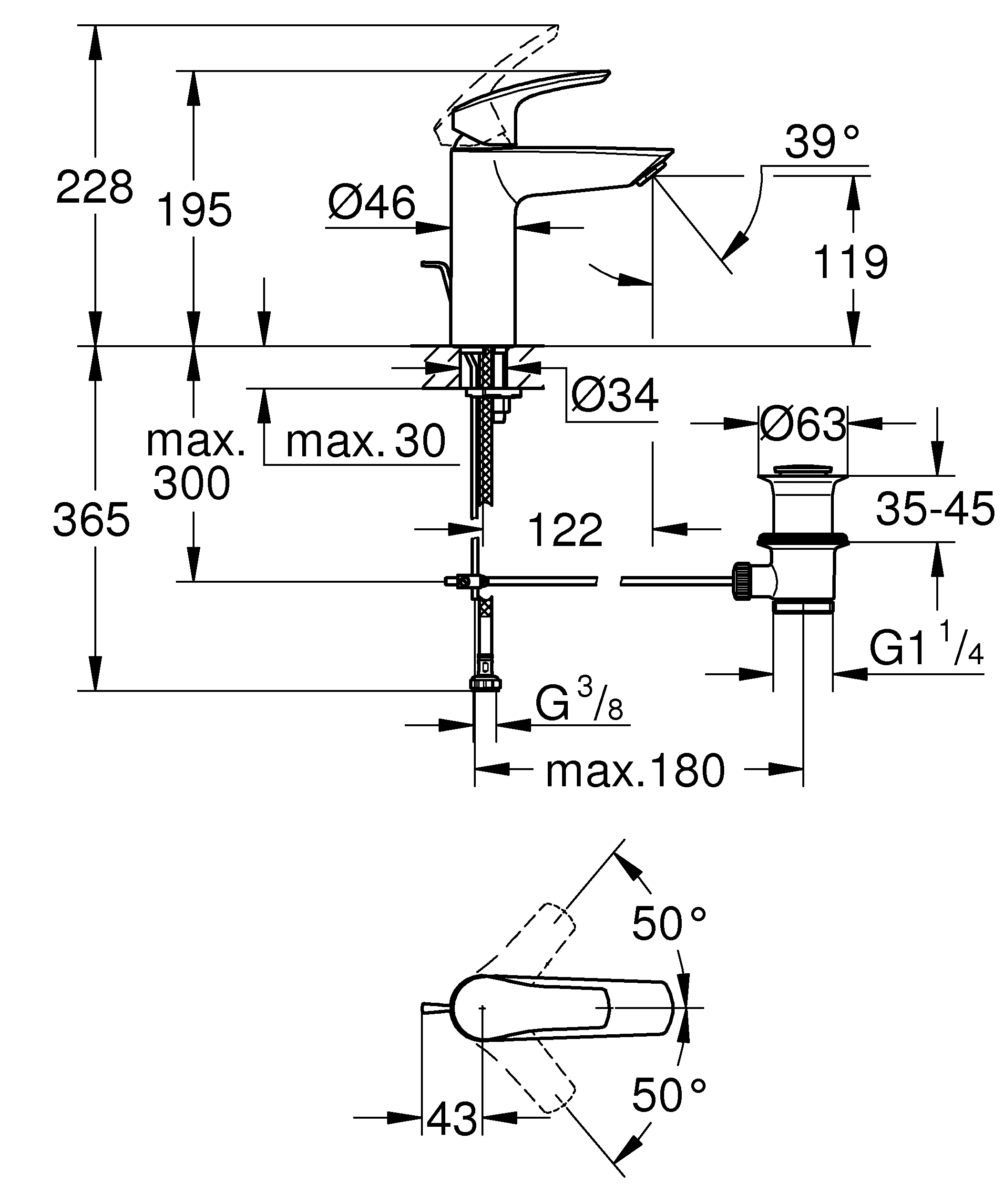 Einhand-Waschtischbatterie Eurosmart 23322_3, M-Size, Einlochmontage, Temperaturbegrenzer, Zugstangen-Ablaufgarnitur, matt black