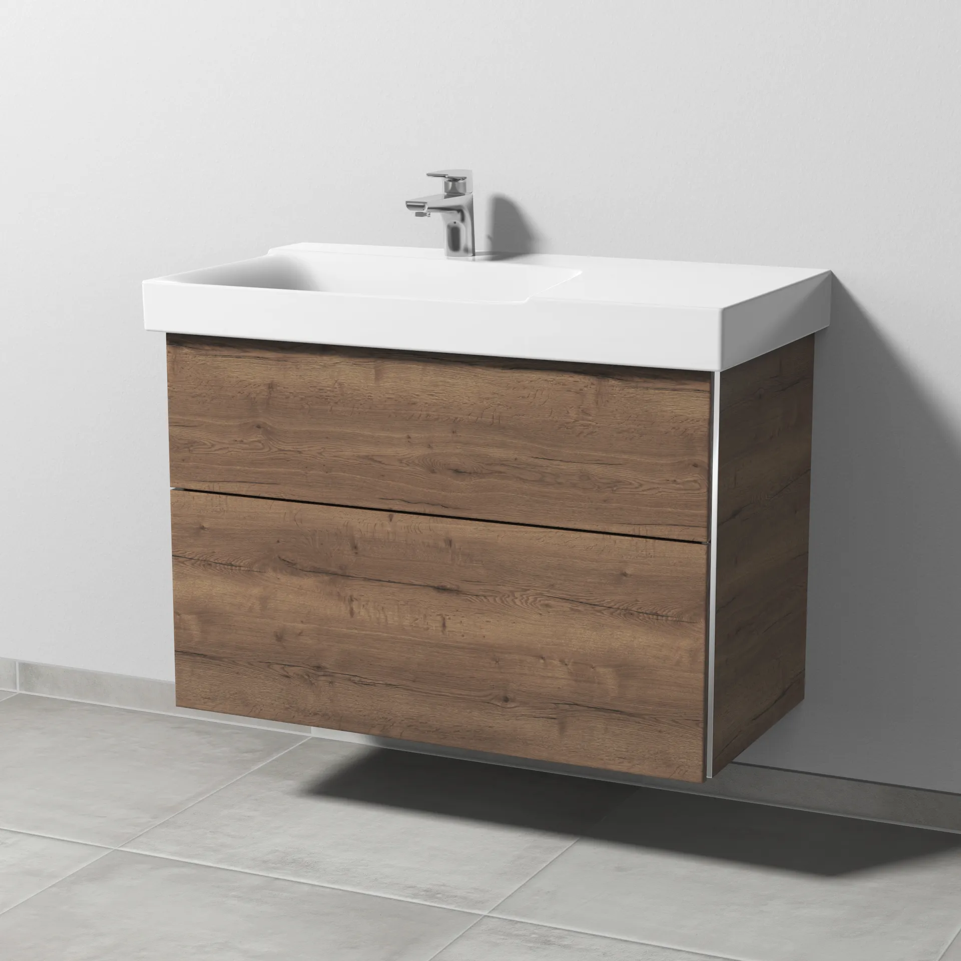 Sanipa Waschtischunterschrank „3way“ passend zu Keramik-Waschtische Xeno2 von Geberit 850 × 593 × 452 mm in Eiche Tabak, Becken links