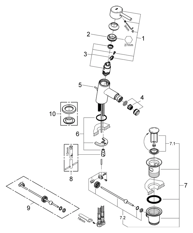 Einhand-Bidetbatterie Concetto 32208_1, Einlochmontage, Zugstangen-Ablaufgarnitur 1 1/4'', chrom