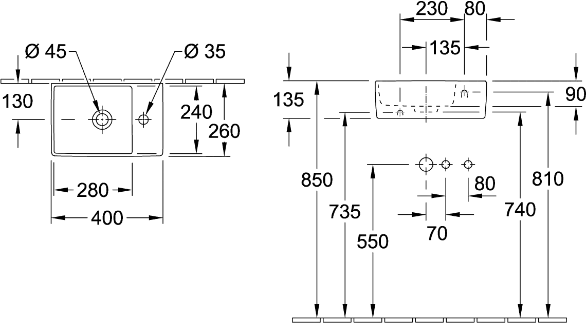 Handwaschbecken aus TitanCeram „Memento 2.0“ 40 × 11,1 × 11,1 cm, mit Hahnlochbohrung, Hahnlochposition mittig in Pure Black