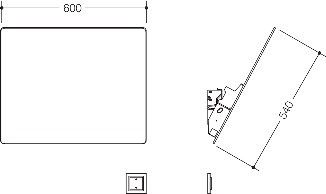 Kippspiegel, motorisiert, Verbundspiegel mit eingearbeitetem Splitterschutz, rechteckig, Breite 600 mm, Höhe 540 mm