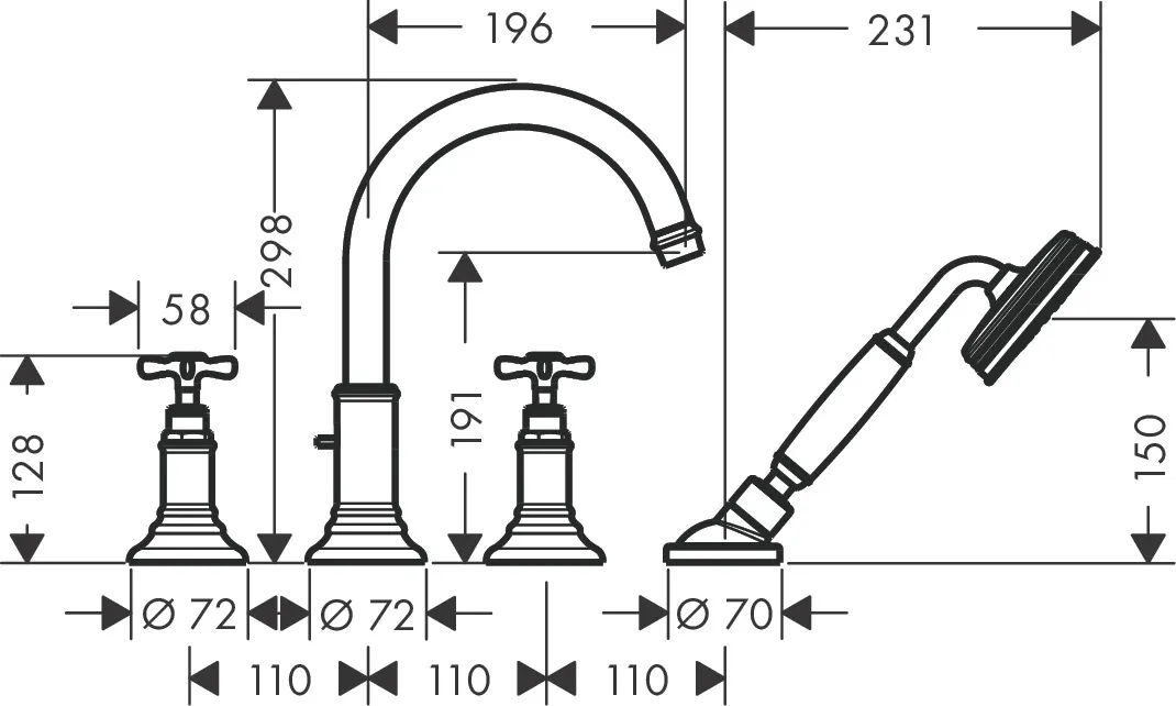 Hansgrohe AXOR Montreux Mischer, 4-Loch Fliesenrandarmatur mit Kreuzgriffen, Chrom Hansgrohe AXOR Montreux Mischer, 4-Loch Fliesenrandarmatur mit Kreuzgriffen, Chrom