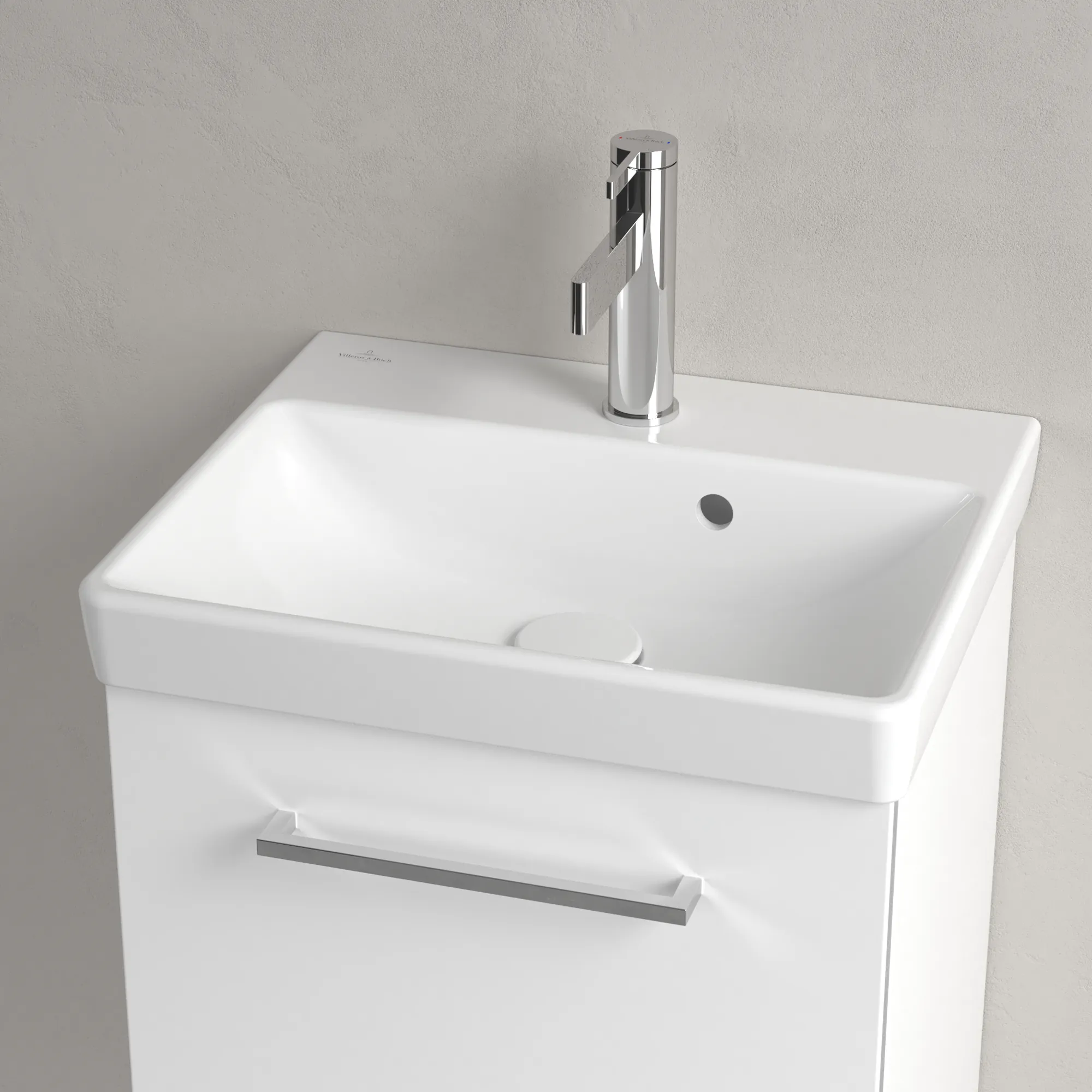 Villeroy & Boch Handwaschbecken „Avento“ 450 × 370 × 150 mm, für Becken mittig, mit Hahnlochbohrung, Hahnlochposition mittig in Weiß Alpin Villeroy & Boch Handwaschbecken „Avento“ 450 × 370 × 150 mm, für Becken mittig, mit Hahnlochbohrung, Hahnlochposition mittig in Weiß Alpin