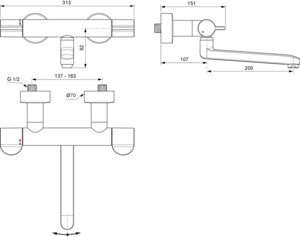 Ideal Standard Ceraplus Safe Wand-Waschtischthermostat, Chrom, Ausladung 320 mm Ideal Standard Ceraplus Safe Wand-Waschtischthermostat, Chrom, Ausladung 320 mm
