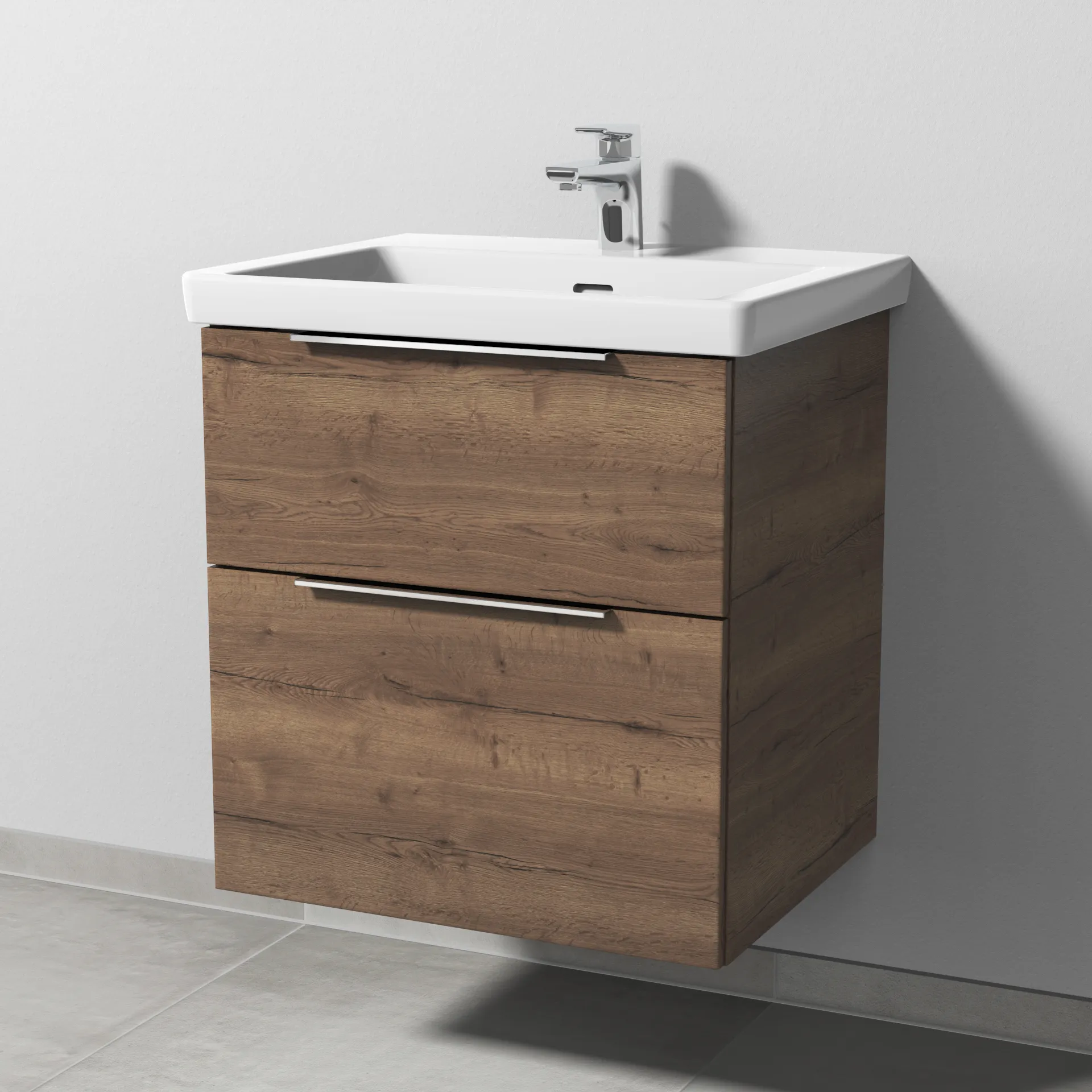Sanipa Waschtischunterschrank „3way“ 555 × 588 × 462 mm in Eiche Tabak, Becken mittig, mit Hahnlochbohrung