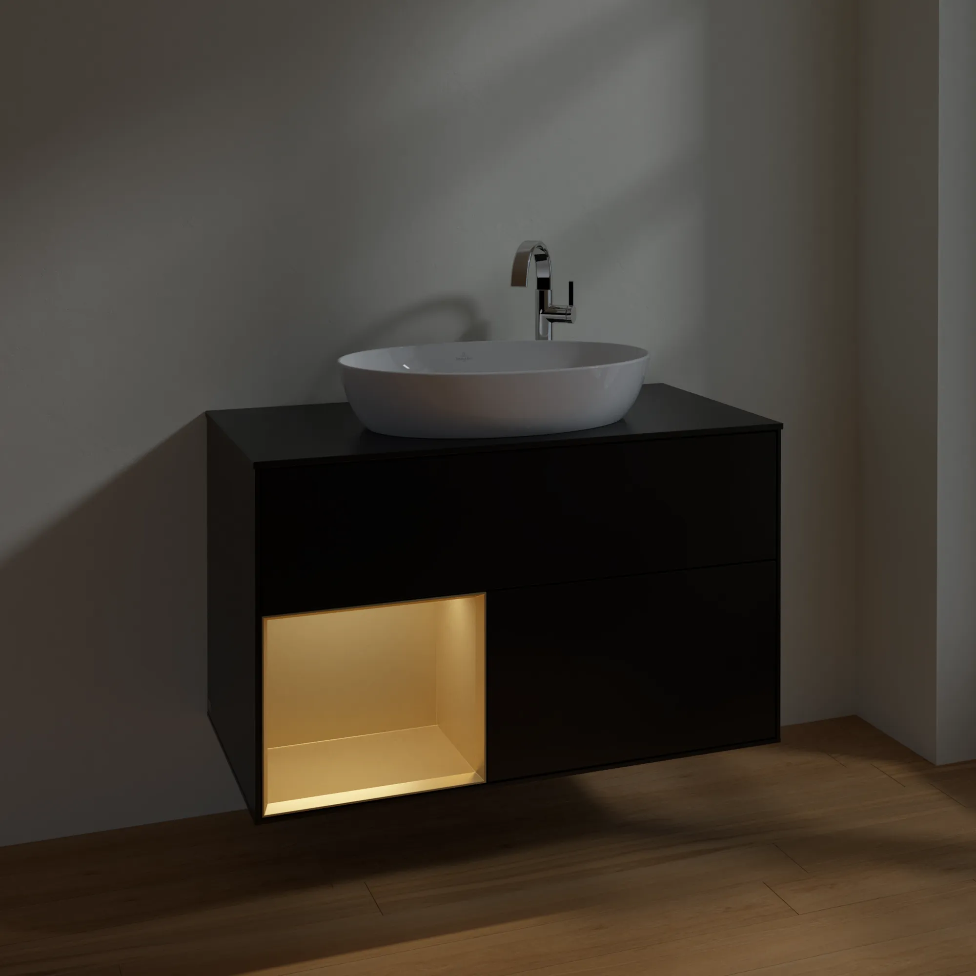 Villeroy & Boch Waschbeckenunterschrank Finion F89, 1000x603x501 mm, Black Matt Lacquer mit Gold Regal, Beleuchtung dimmbar, Push-to-open, SoftClosing Villeroy & Boch Waschbeckenunterschrank Finion F89, 1000x603x501 mm, Black Matt Lacquer mit Gold Regal, Beleuchtung dimmbar, Push-to-open, SoftClosing