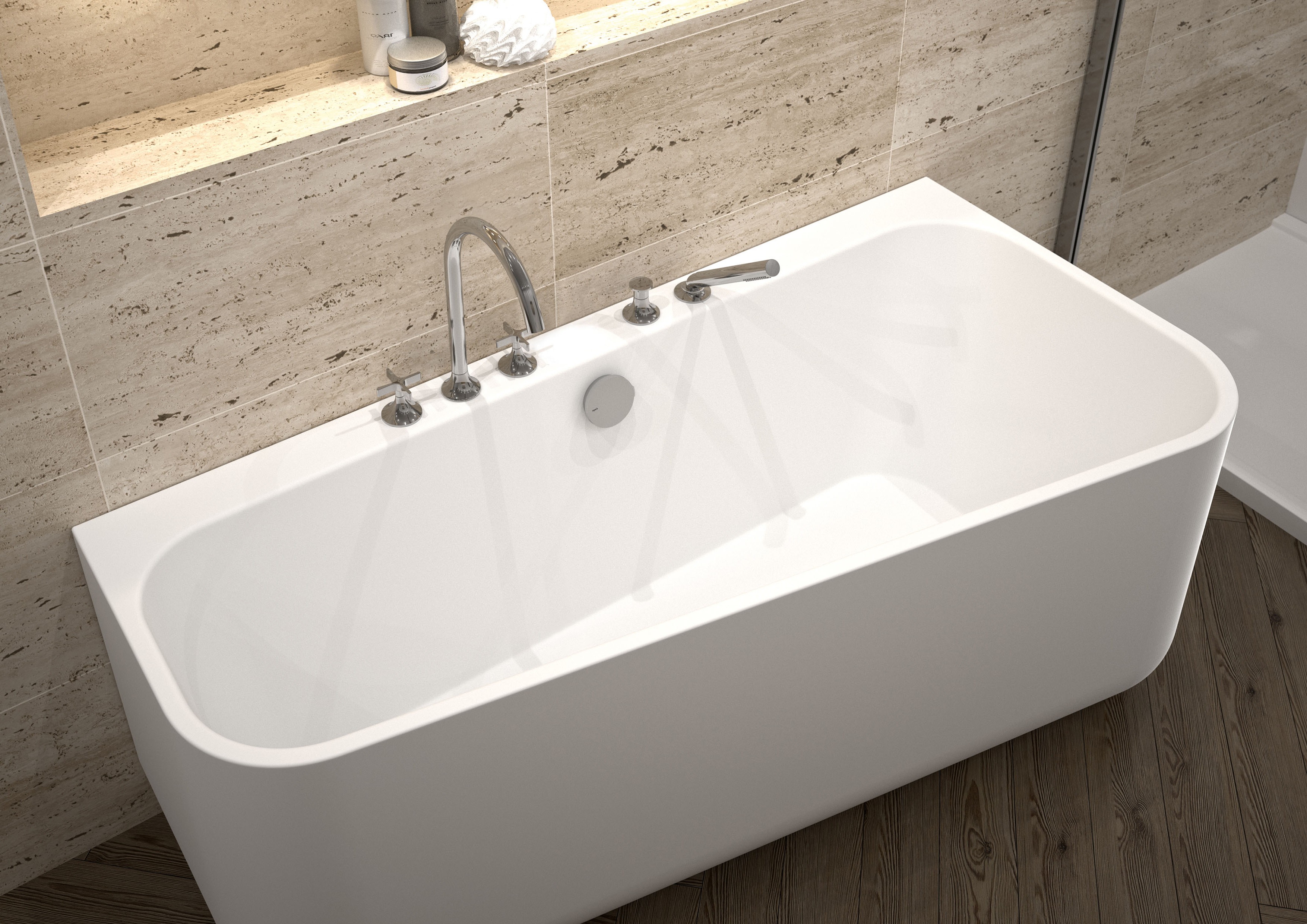 repaBAD Badewanne „Seed F“ trapez 1550 mm, Mittelablauf in Weiß