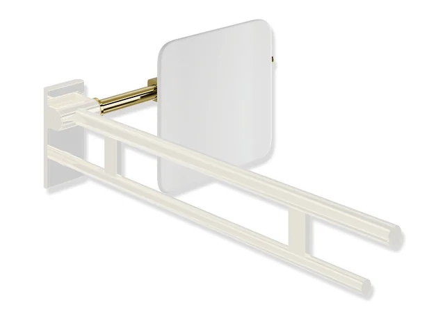HEWI Rückensstütze System 900, PVD-beschichtet, weiß, Achsmaß verstellbar 564-664 mm, Tiefe 150 mm, einseitig Wandmontage mit Rosetten und Stützklappgriffen, Design (A), Farbe Gold glänzend