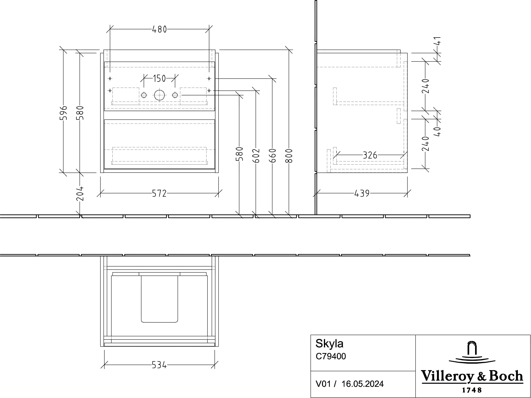 Villeroy & Boch Waschtischunterschrank „Skyla“ 572 × 596 × 439 mm Kansas Oak