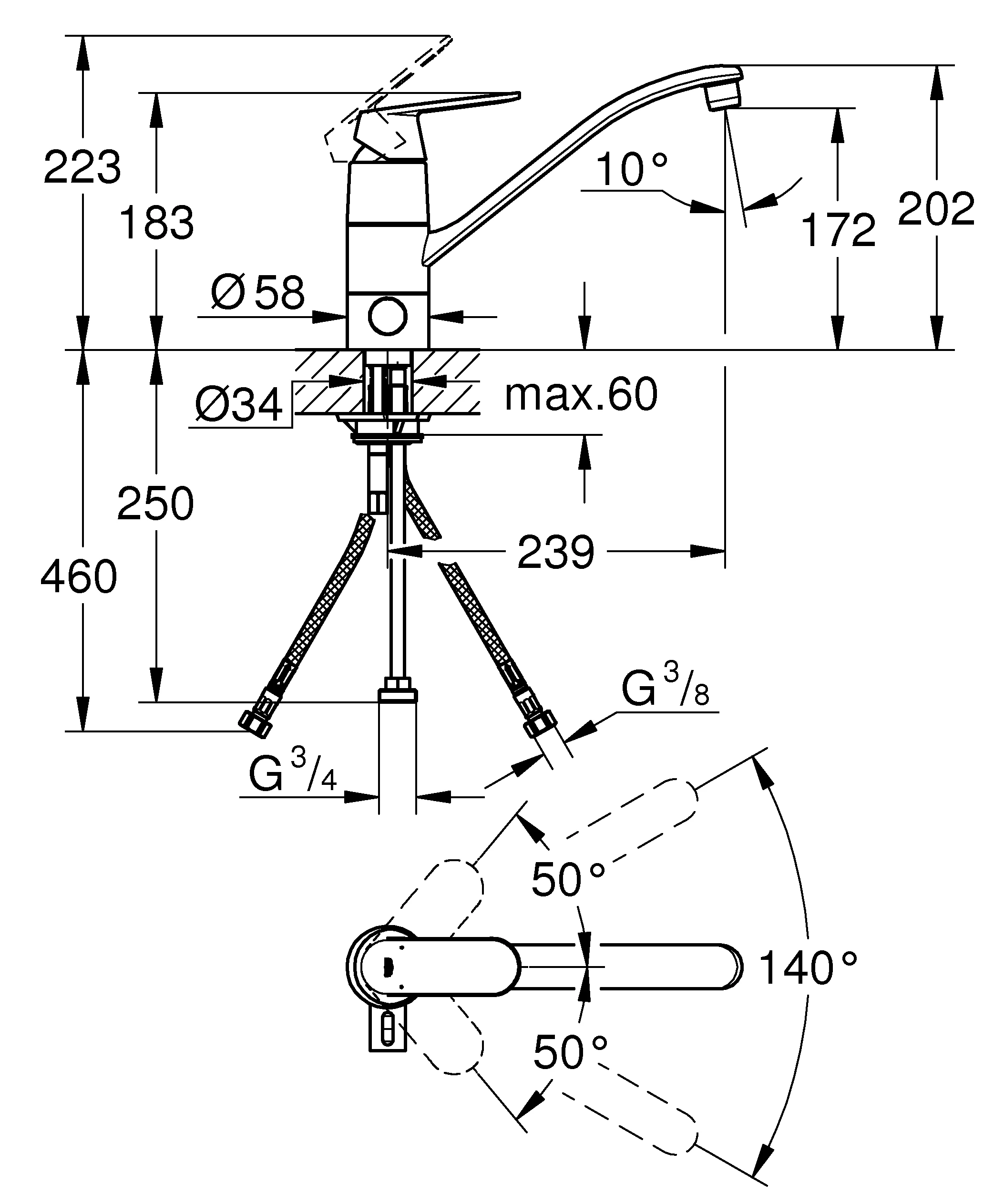 Einhand-Spültischbatterie Eurosmart Cosmopolitan 31161, flacher Auslauf, Einlochmontage, integrierte Vorabsperrung, chrom