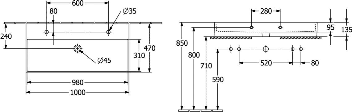 Villeroy & Boch Wandwaschtisch aus TitanCeram geschliffen „Memento 2.0“ 1000 × 470 × 135 mm, Hahnlochposition links und rechts, mit Hahnlochbohrung in Weiß Alpin Villeroy & Boch Wandwaschtisch aus TitanCeram geschliffen „Memento 2.0“ 1000 × 470 × 135 mm, Hahnlochposition links und rechts, mit Hahnlochbohrung in Weiß Alpin