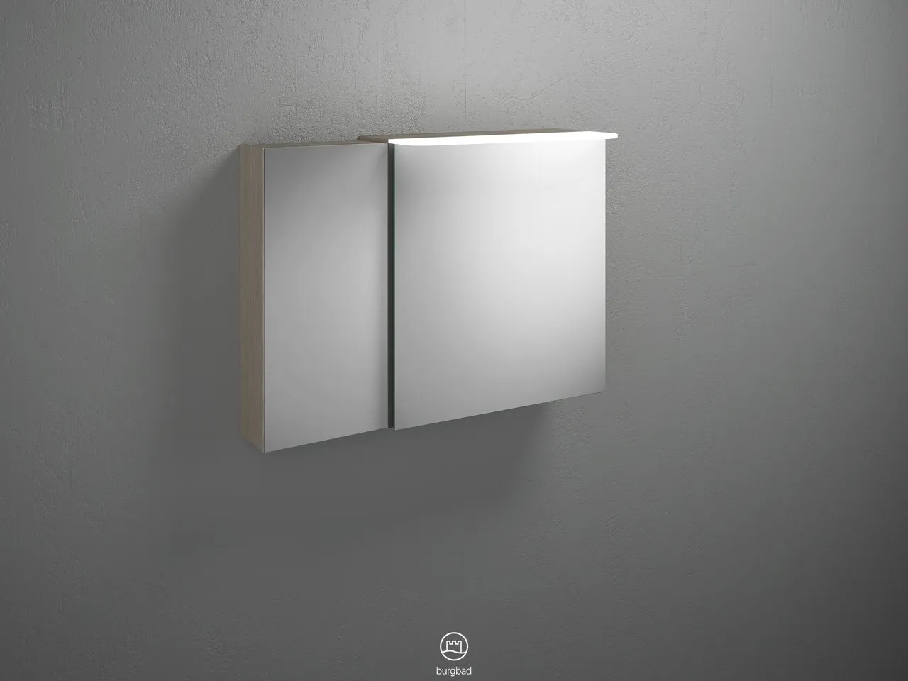 Spiegelschrank Badu von burgbad - 900 mm breit, 310 mm tief, 665 mm hoch mit LED-Aufsatzleuchte und beidseitig verspiegelten Spiegeltüren