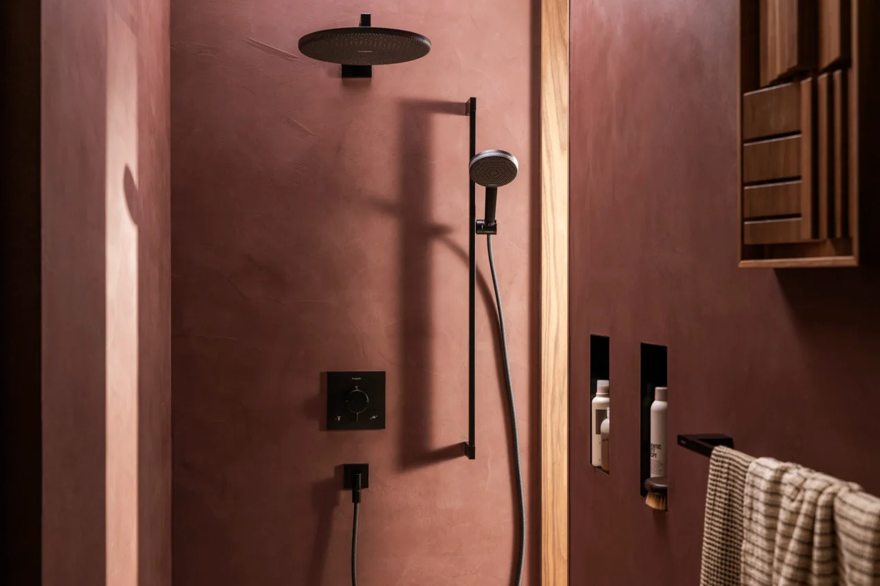Hansgrohe Ecostat Comfort E Thermostat Unterputz, 2 Verbraucher, Mattschwarz, iBox universal 2, mit Tasten Rain klein, Rain groß, Handbrause, Schwall und Wanne