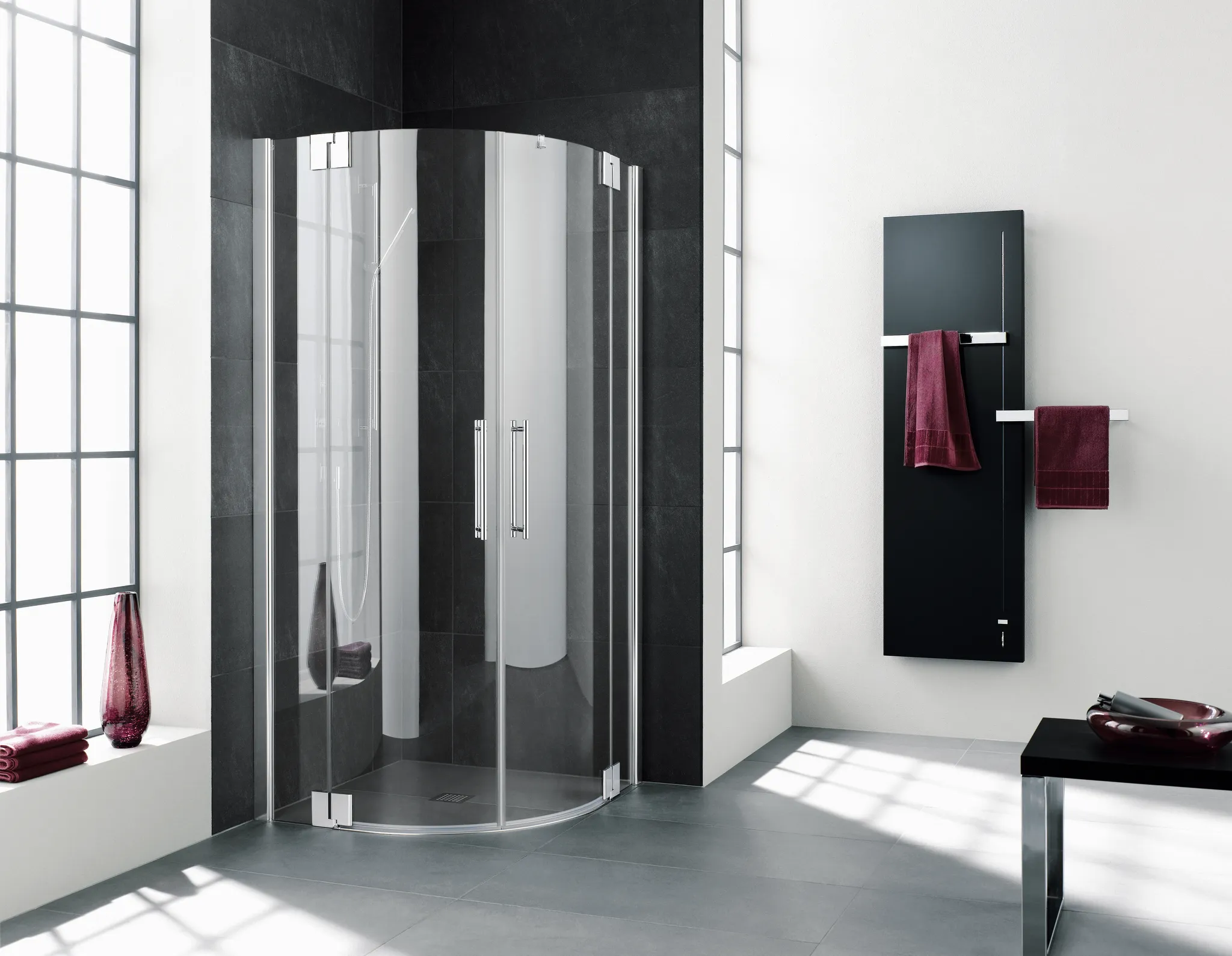 PASA XP PXP55 Viertelkreis-Duschkabine (Pendeltüren mit Festfeldern), Höhe 2000 mm, Wanneneinbaumaß 880-910 mm, Breitenverstellmaß 870-900 mm, Glasaußenkante 855-885 mm, Farbe Silber Mattglanz, Glas ESG Klar