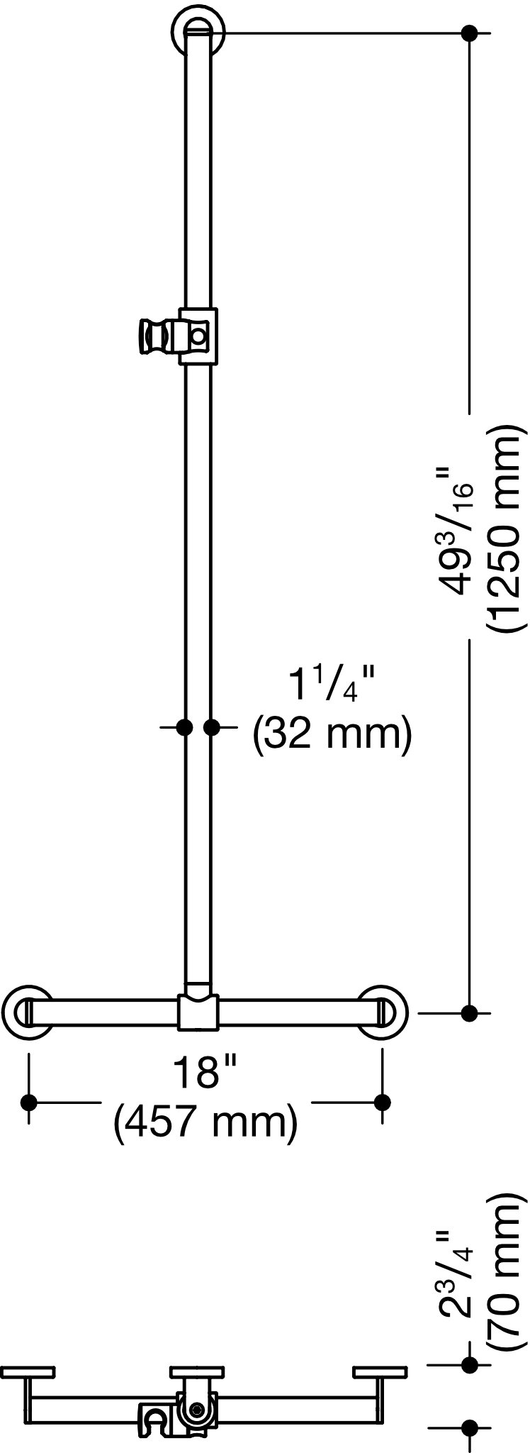 Duschhdl., d:32/32, A1=1250mm, W1=457mm, chrom signalweiß