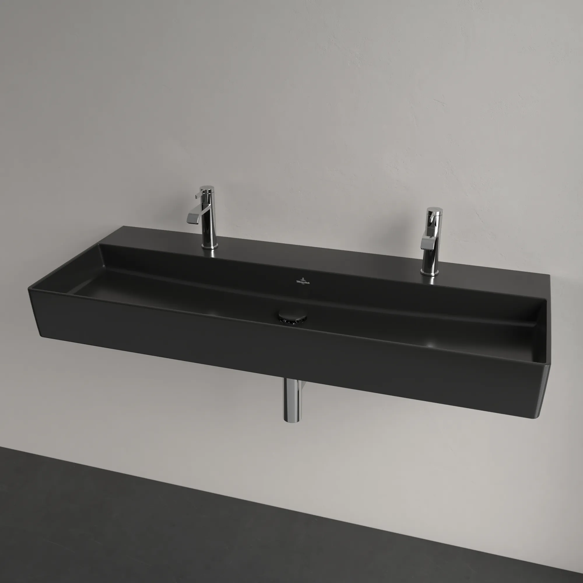 Villeroy & Boch Wandwaschbecken Memento 2.0 Pure Black CeramicPlus 1200x470x150mm TitanCeram, matt, 2x 1-Loch Armaturen, Wandmontage