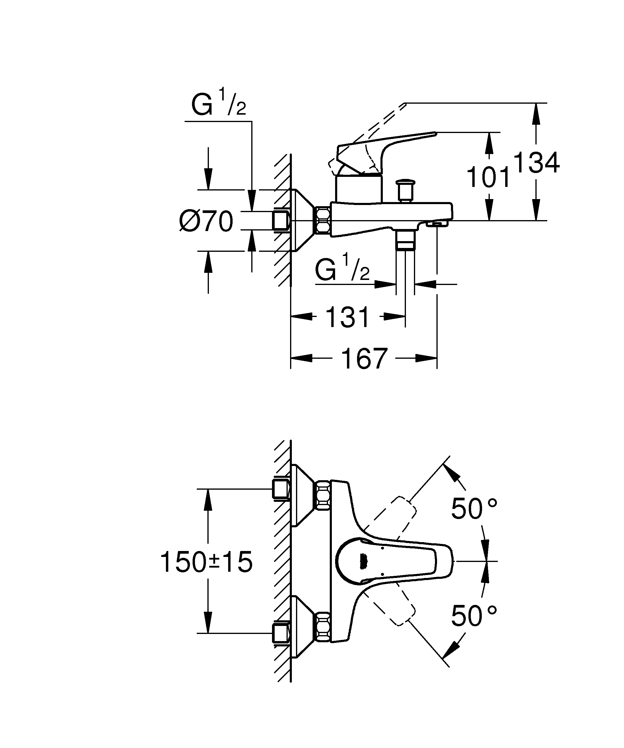 Einhand-Wannenbatterie BauFlow 23756, Wandmontage, eigensicher, chrom