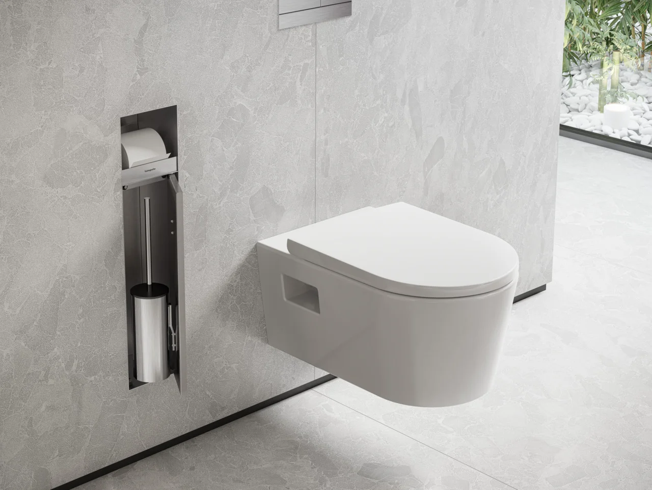 Hansgrohe XtraStoris Rock Einbau Toilettenbürstenhalter mit befliesbarer Tür, Edelstahl gebürstet, links anschlagend, 140 mm Einbautiefe