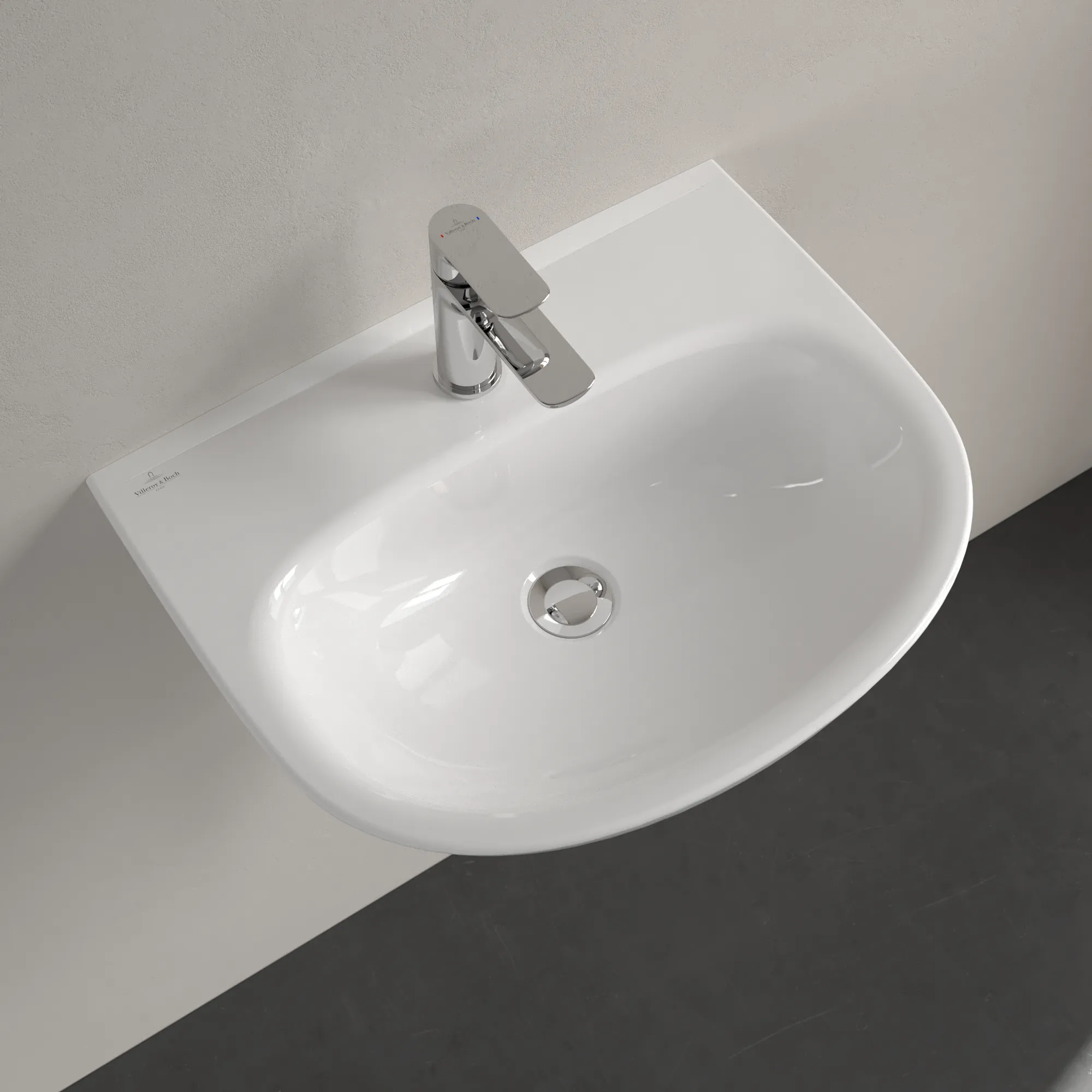 Waschbecken O.novo 4A4056, 550 x 440 mm, Oval, Becken mittig, 1HL. mittleres Hahnloch durchgestochen, ohne Überlauf, Weiß Alpin