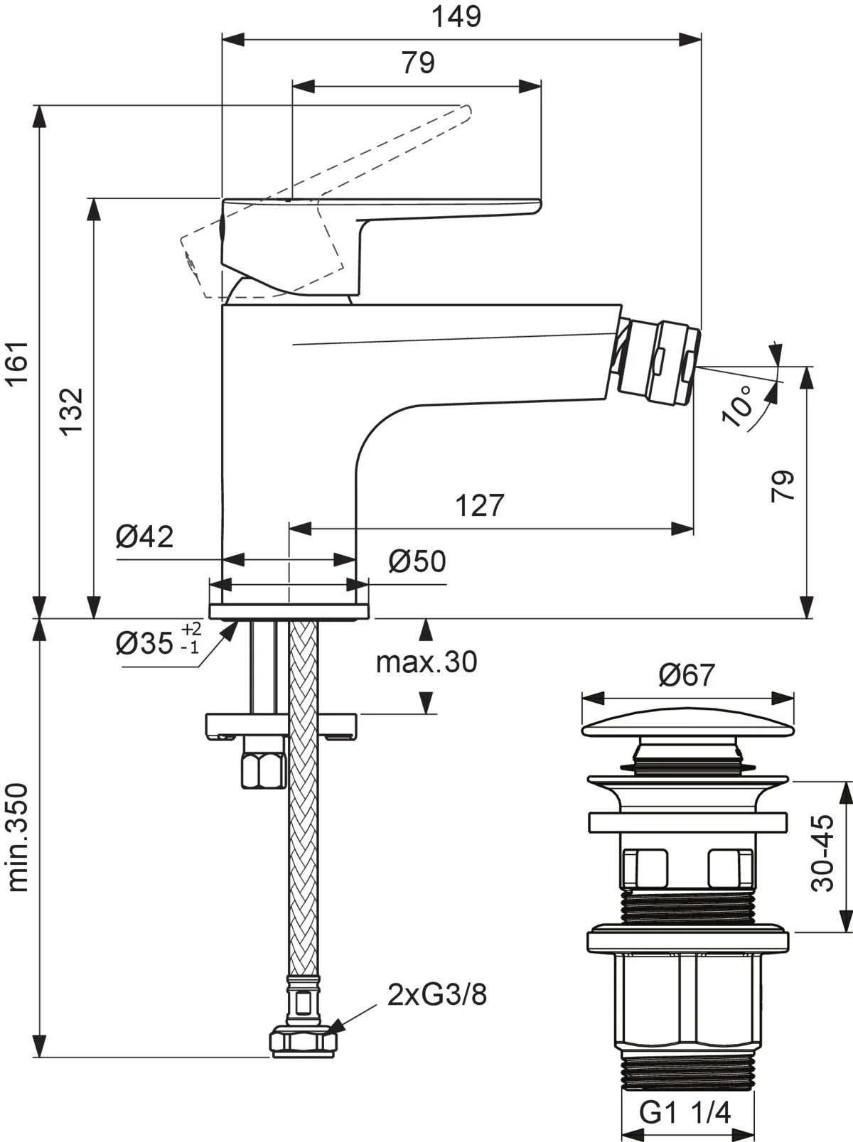 Ideal Standard Bidetarmatur Cerafine O, Rose, Ausladung 132 mm, Push-Open-Ventil, Metall-Push-Open Ventil, Flexible Anschlussschläuche G3/8, Griff aus Metall mit Rot-Blau-Markierung, Schnellmontagesystem Easy-Fix, FirmaFlow® Kartusche mit keramischen Dic