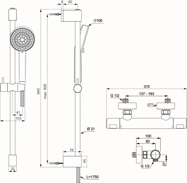 Ideal Standard Brausegarnitur Ceratherm T25 mit 90 cm Brausestange in Chrom