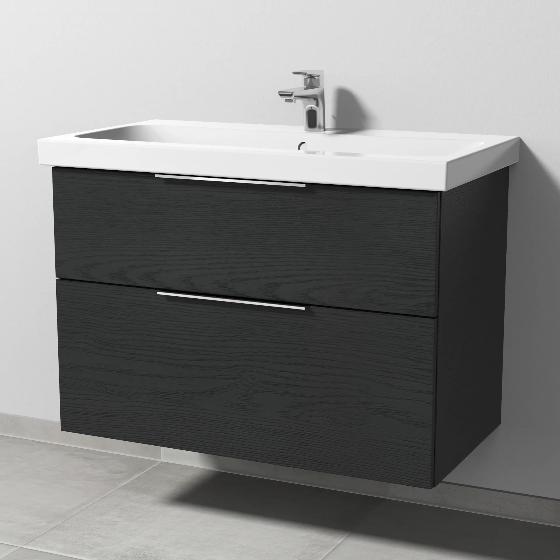 Sanipa Waschtischunterschrank „3way“ passend zu Keramik-Waschtische iCon Light von Geberit 850 × 591 × 462 mm in Black Oak, Becken mittig, mit