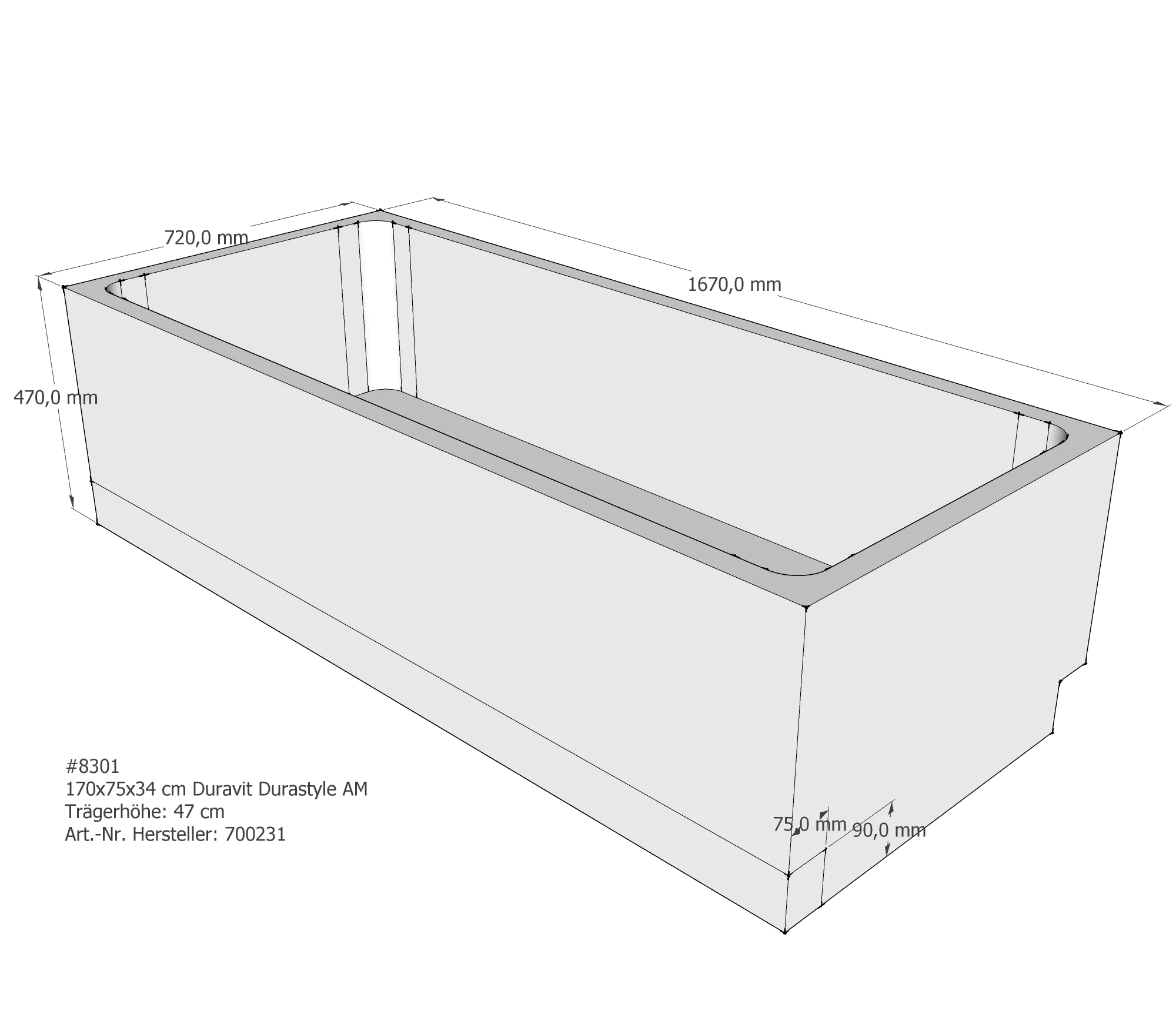 Badewannenträger für Duravit DuraStyle 170 × 75 × 34 cm Badewannenträger für Duravit DuraStyle 170 × 75 × 34 cm