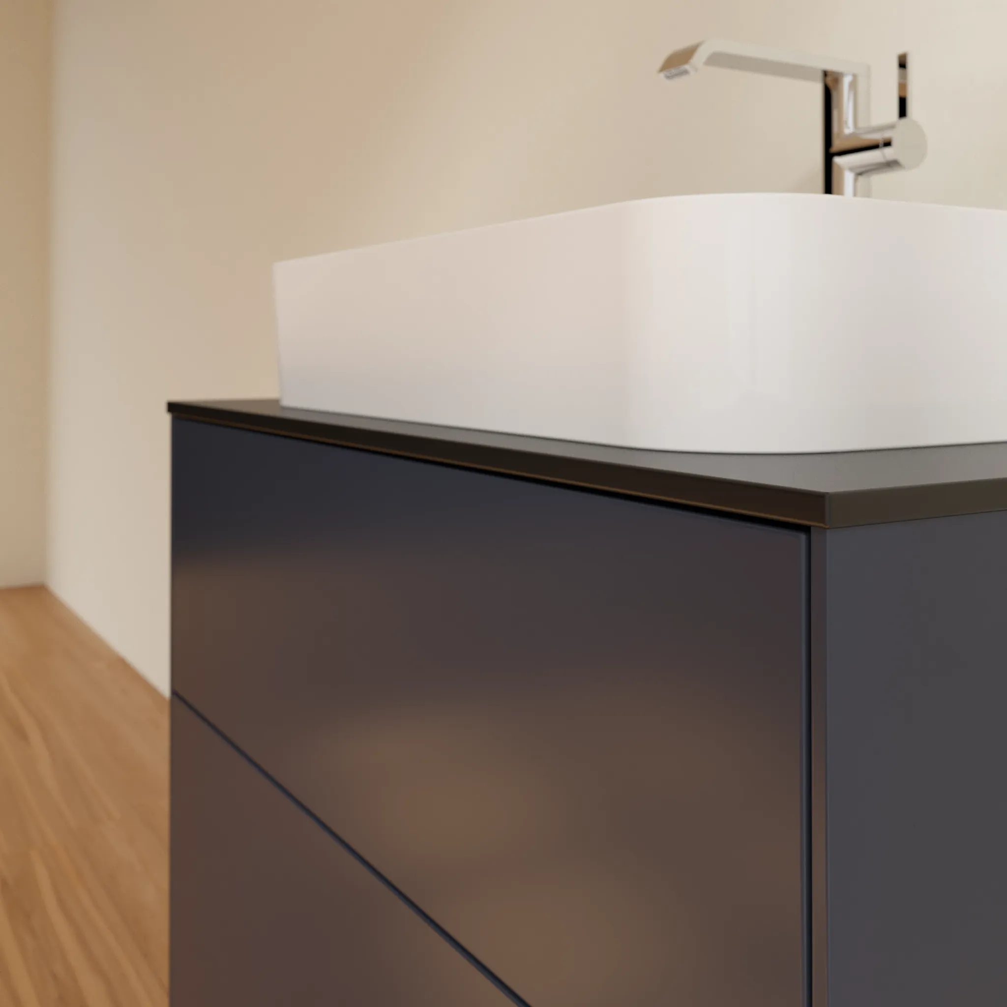 Villeroy & Boch Finion Waschbeckenunterschrank F22, 800 x 603 x 501 mm, Midnight Blue Matt Lacquer / Glass Black Matt