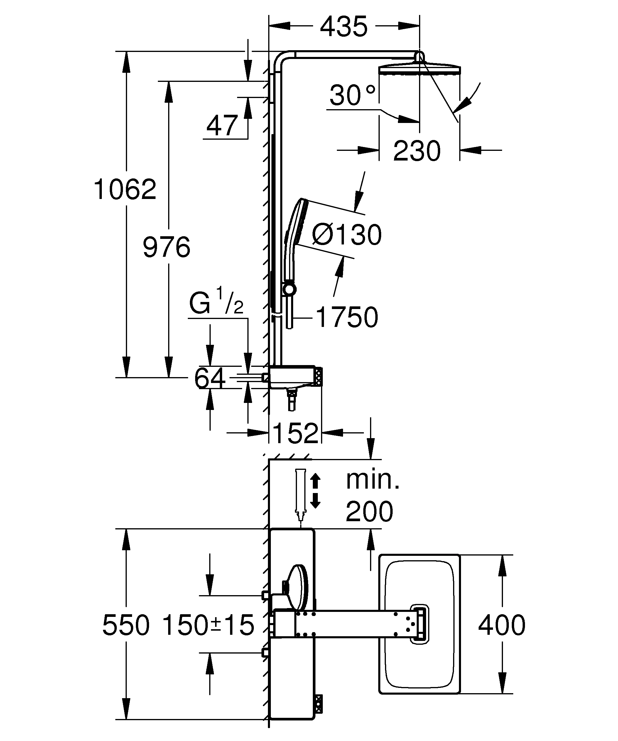 Duschsystem Rainshower Aqua Pure 100961, mit SmartControl Thermostatbatterie, Wandmontage, Kopfbrause 400 x 230 mm, 2 Strahlarten, Durchfluss 8.7 l/min, Brauseboden weiß, Handbrause 3 Strahlarten, Durchfluss 8.4 l/min, Brauseboden weiß, chrom