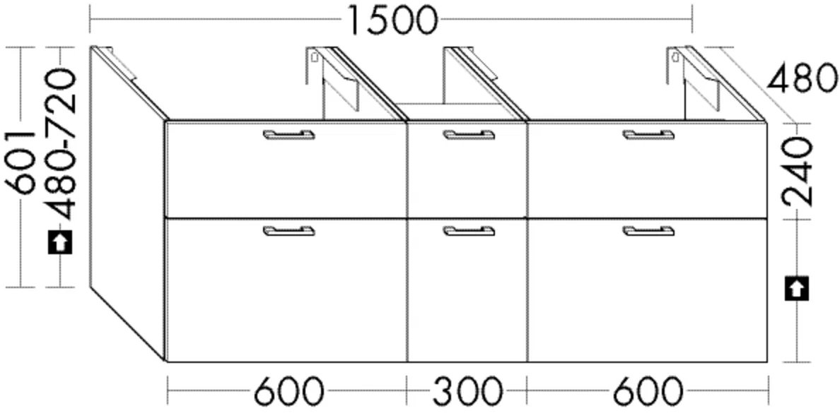 Waschtischunterschrank Sys30 von burgbad - 1500 mm breit, 480 mm tief, 601 mm hoch mit 2 Schubladen oben und 3 Auszügen unten