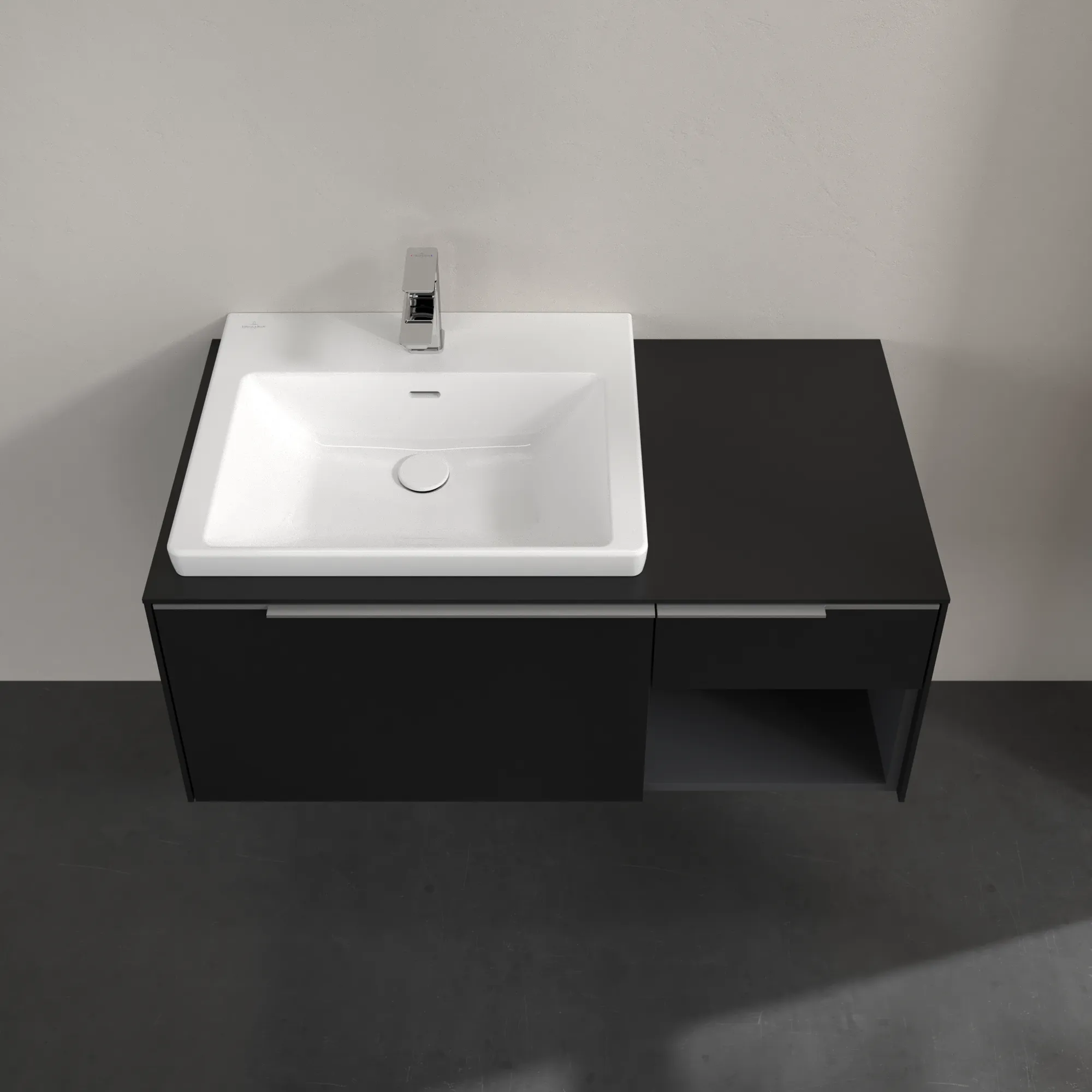 Villeroy & Boch Waschtischunterschrank mit Regalelement „Subway 3.0“ für Schrankwaschtisch 1001 × 423 × 516 mm Volcano Black, für Becken links Villeroy & Boch Waschtischunterschrank mit Regalelement „Subway 3.0“ für Schrankwaschtisch 1001 × 423 × 516 mm Volcano Black, für Becken links