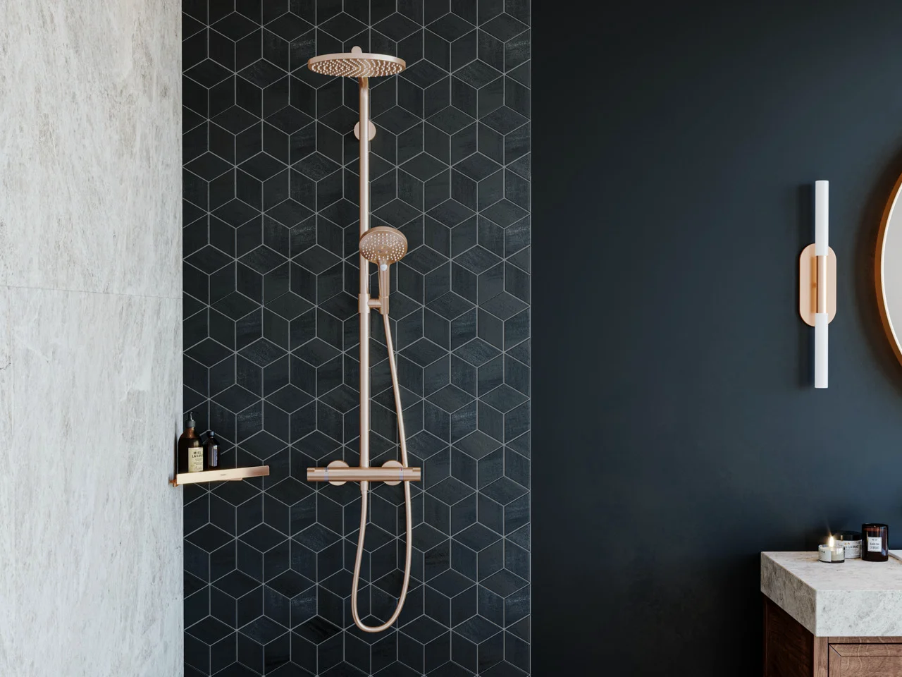 Hansgrohe AddStoris Q Seifenkorb Brushed Bronze Wandmontage Metall Befestigungsmaterial verdeckte Befestigung Bohrloch 40 mm Durchmesser 6 mm Ablagefläche
