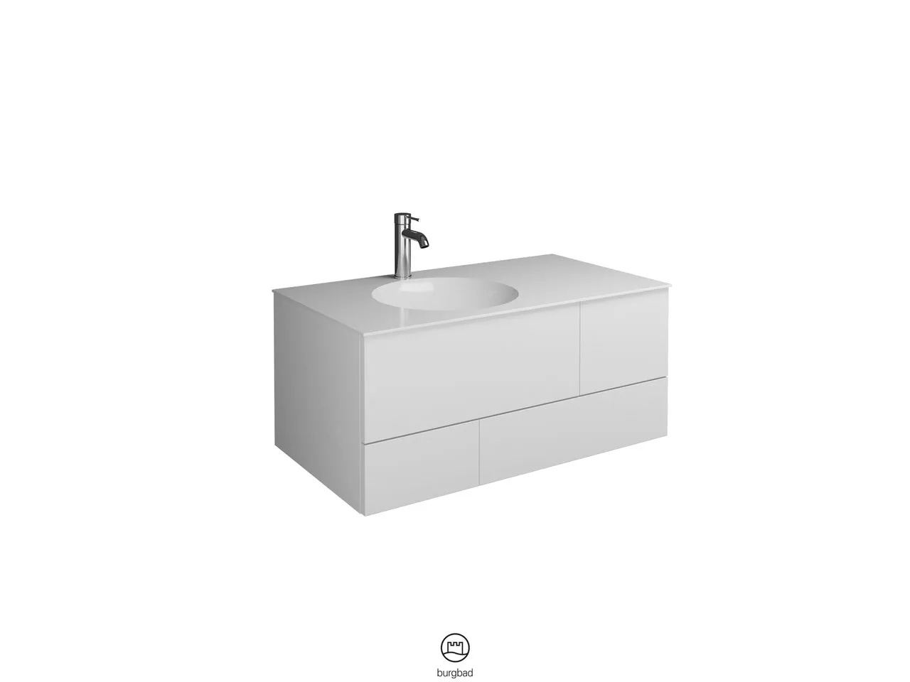 Coco Mineralguss-Waschtisch inkl. Waschtischunterschrank, 90 x 370 mm Muldentiefe, 1 Schublade oben mit Siphonausschnitt, 1 Schublade unten, 1 Metallbox, inkl. burgbad cleanFlow, H: 406 mm, B: 906 mm, T: 505 mm