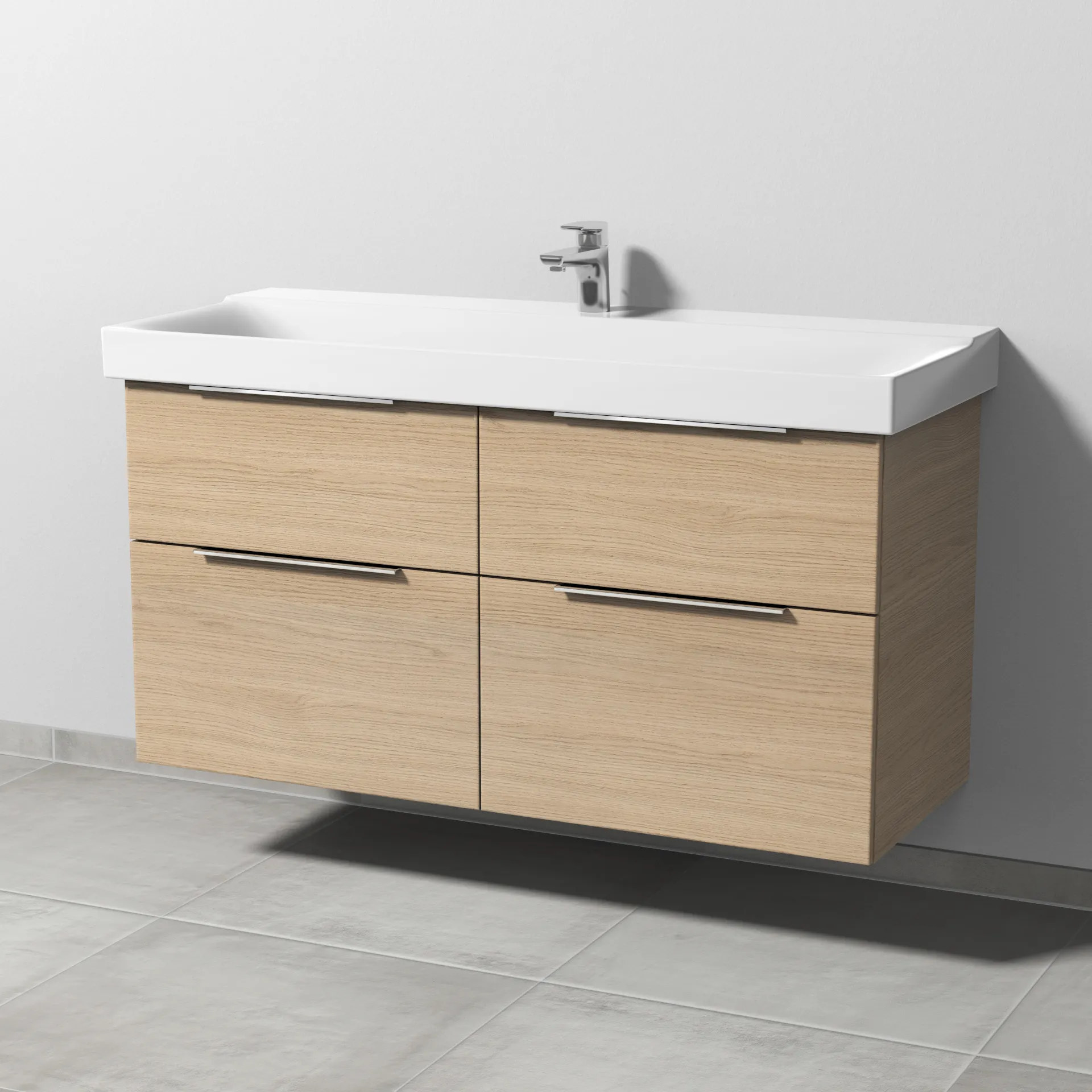 Sanipa Waschtischunterschrank „3way“ 1150 × 593 × 452 mm in Eiche Nordic, Becken mittig Sanipa Waschtischunterschrank „3way“ 1150 × 593 × 452 mm in Eiche Nordic, Becken mittig