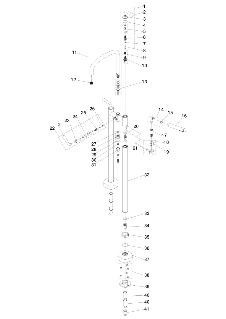 Dornbracht COYA Wannen-Zweilochbatterie Chrom, freistehende Montage, Ausladung 280 mm, Höhe 946 mm, Schubrosetten Ø 100 mm