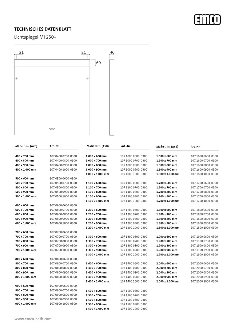 emco Lichtspiegel mit Touch-Bedienfeld „MI 250+“ 200 × 100 cm