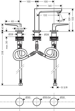 Hansgrohe Metropol 3-Loch Waschtischarmatur 110 mit Hebelgriffen und Push-Open Ablaufgarnitur, Chrom Hansgrohe Metropol 3-Loch Waschtischarmatur 110 mit Hebelgriffen und Push-Open Ablaufgarnitur, Chrom
